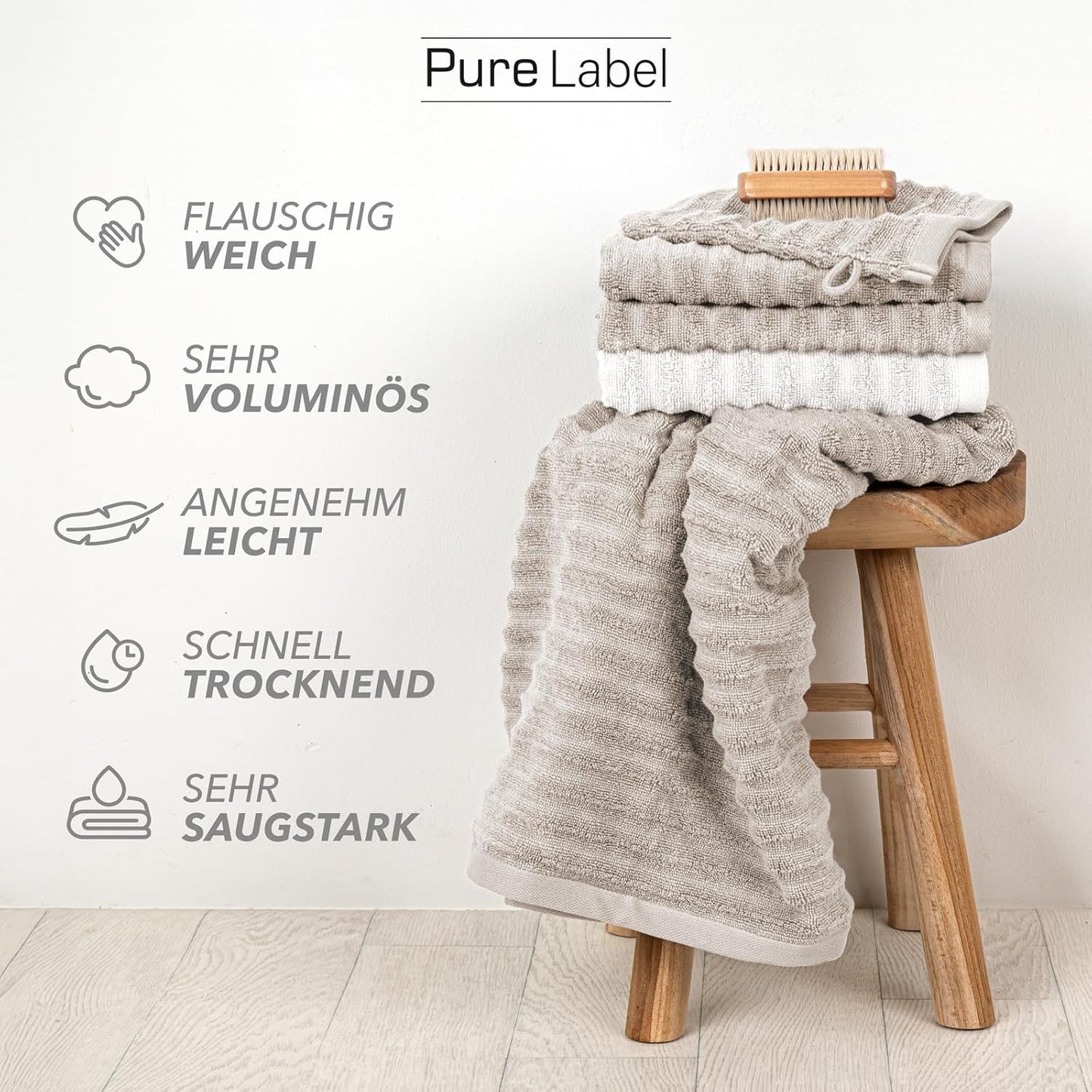 Pure Label 6-teiliges Handtuchset mit Aufhängeschlaufen aus 100 % Baumwolle, saugfähig und weich, 2 x Badetücher (70 x 140 cm), 2 x Handtücher (50 x 100 cm), 2 x Gästetücher (30 x 50 cm), 