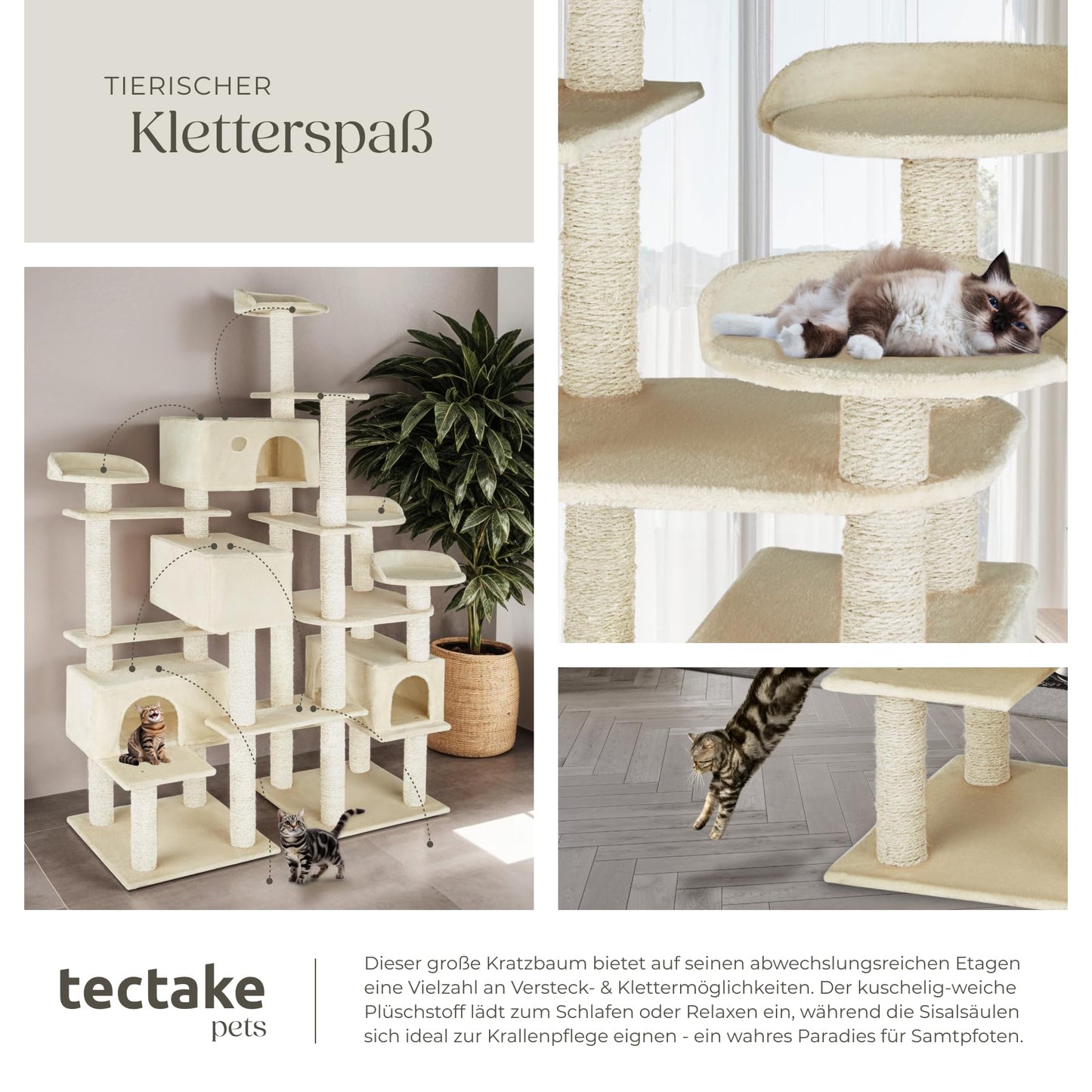 tectake® Katzen Kratzbaum mit Zubehör für Katze groß XXL, Spielturm mit Kratzsäule 