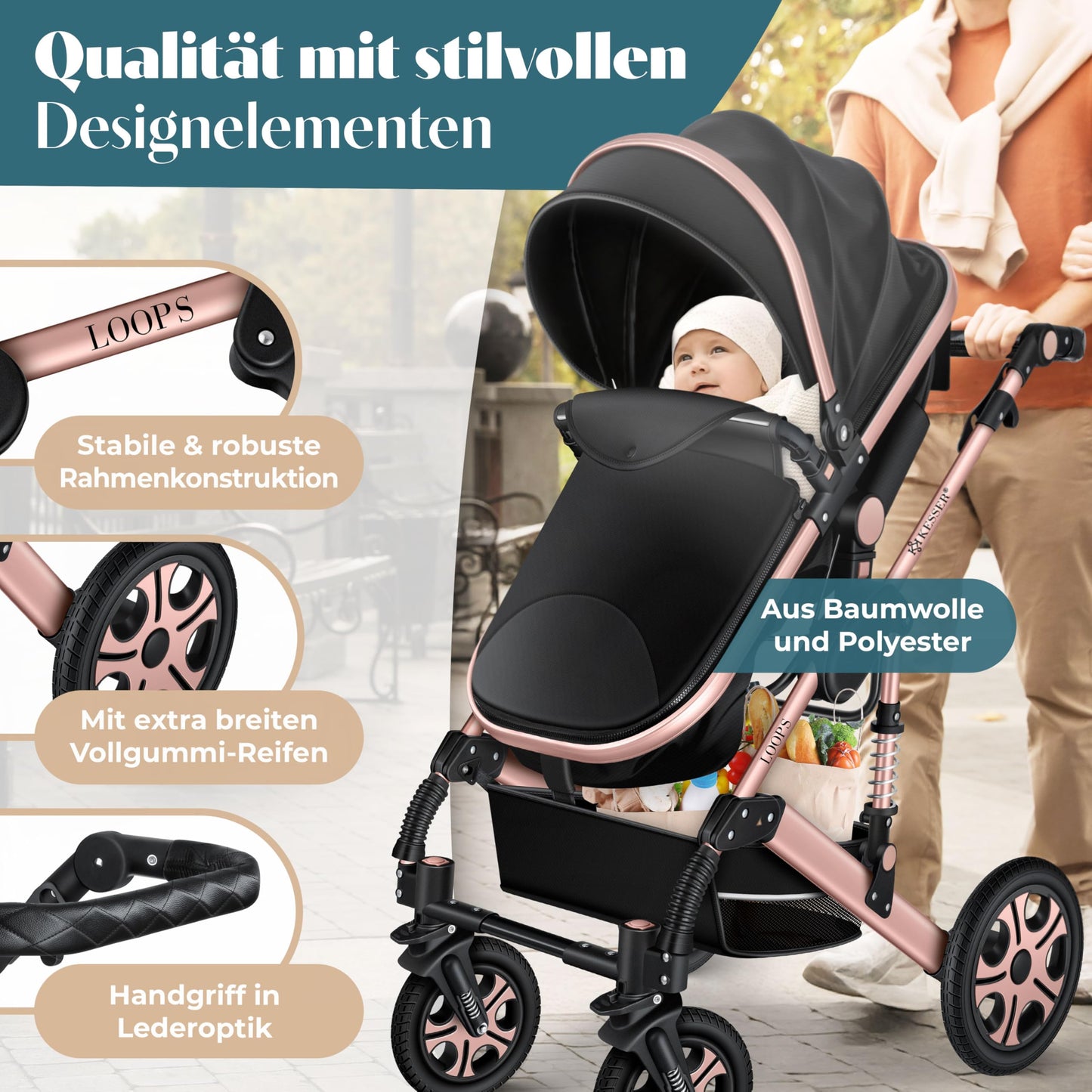 Kesser® Loops 3-in-1 Kombi-Kinderwagen, Komplettset inklusive Babywanne, Buggy-Sportsitz und Babyschale, Vollgummireifen 