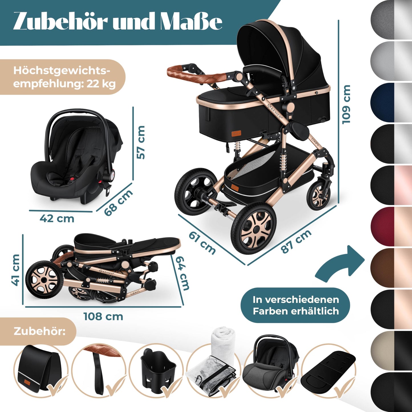 Kesser® Loops 3-in-1 Kombi-Kinderwagen, Komplettset inklusive Babywanne, Buggy-Sportsitz und Babyschale, Vollgummireifen 