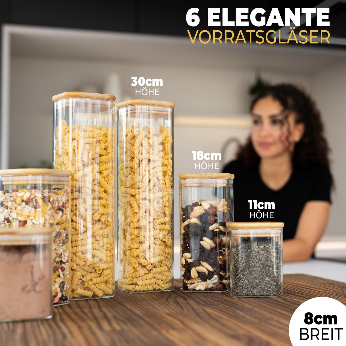 Aufbewahrungsbox Küche für alle Lebensmittel, Küchen Organizer, Vorratsgläser mit Deckel, Eckig - 12er Set, Erhöhte Glasstärke 