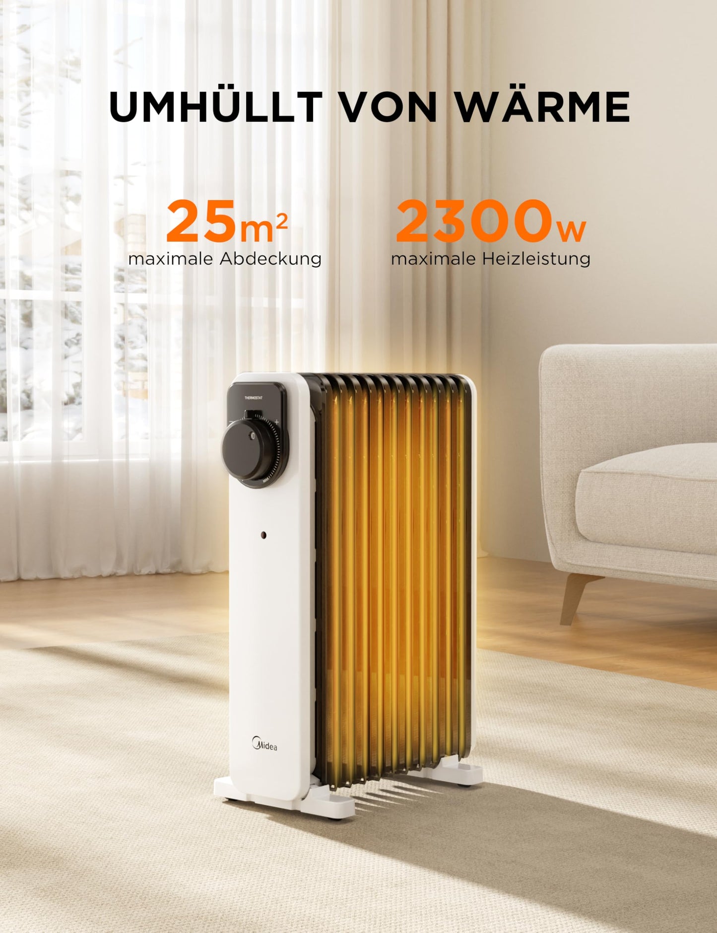 2300W 11 Rippen tragbarer Elektroheizer mit Drehknopfregelung und einstellbarem Thermostat, 3 Heizstufen, Kipp- und Überhitzungsschutz, ultraleicht im Büro &amp; Zuhause