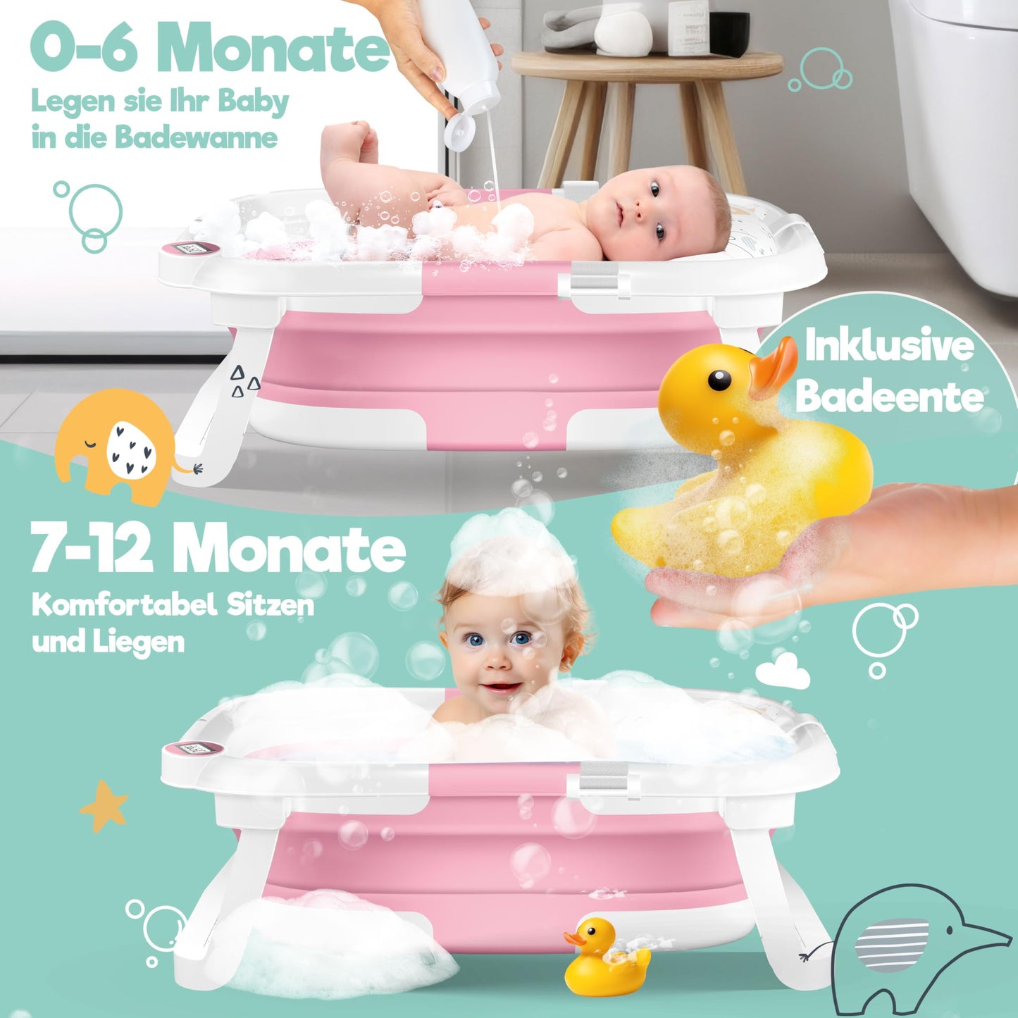Babybadewanne | Babywanne platzsparend &amp; faltbar mit Thermostat &amp; Kissen 