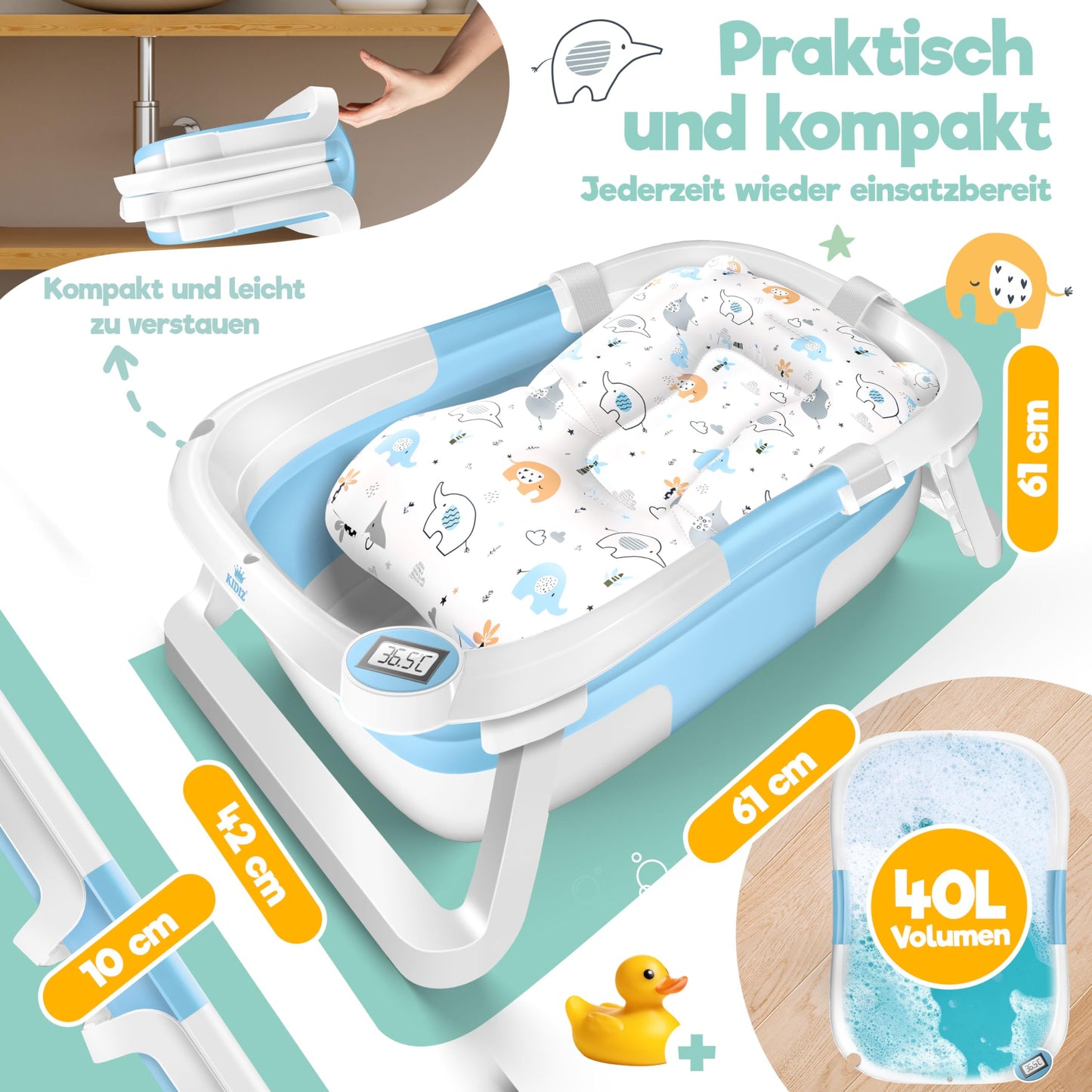 Babybadewanne | Babywanne platzsparend &amp; faltbar mit Thermostat &amp; Kissen 