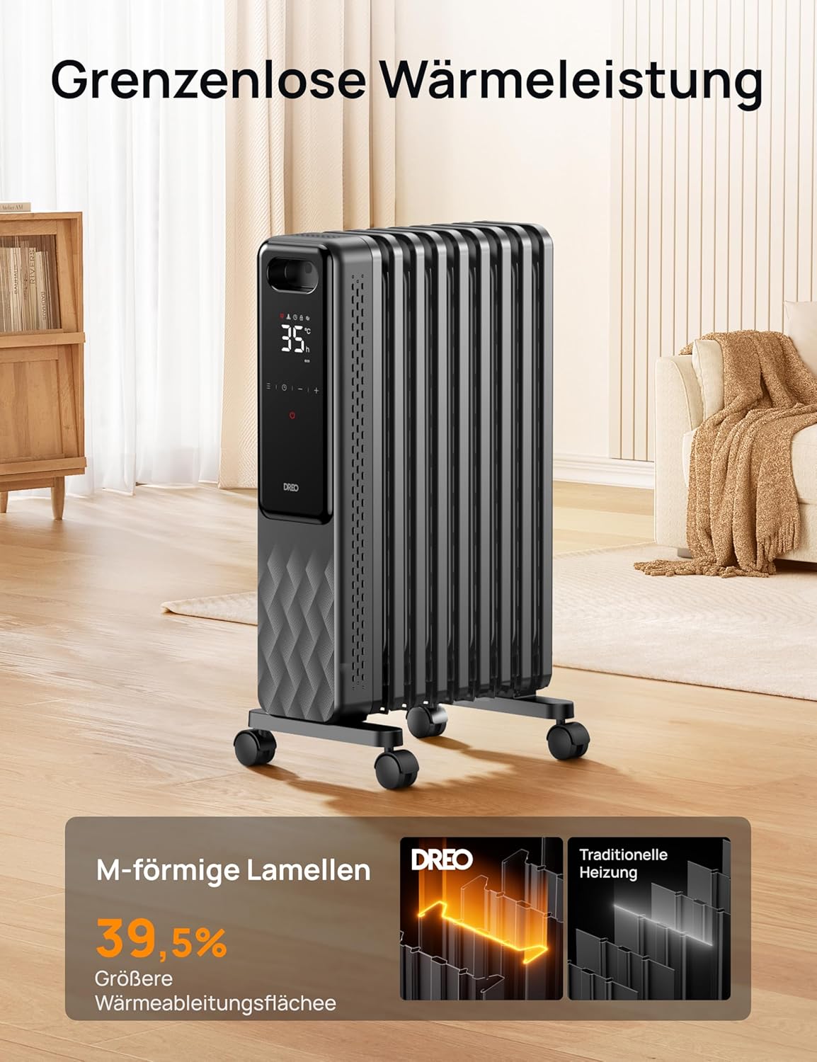 Energiesparende Heizkörperheizung mit Thermostat, 2000 W, mobile Elektroheizung