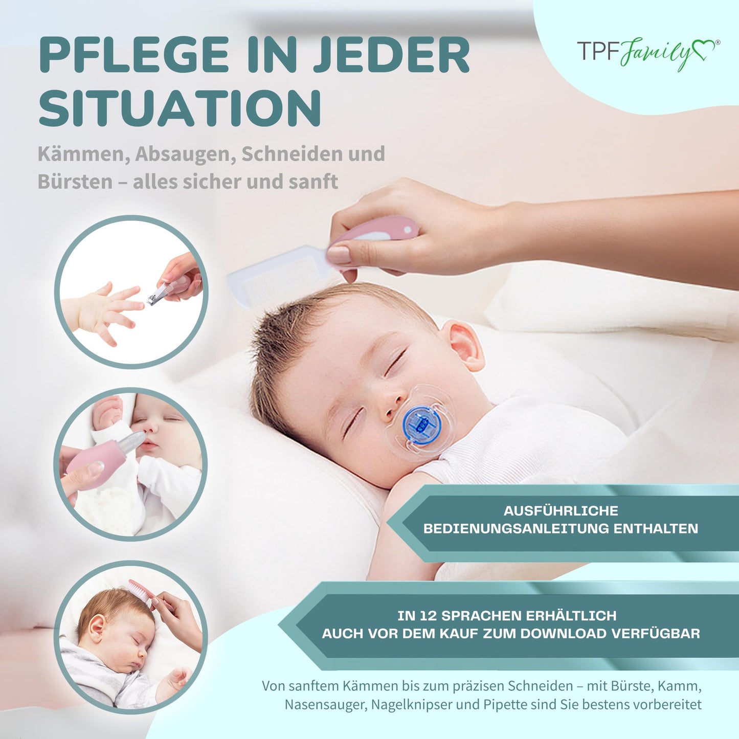TPFFamily Babypflegeset für Neugeborene (Rosa) – 10-teiliges Set mit hochwertiger Babynagelschere, Nasensauger, Bürste und mehr – Ideal als erste Ausstattung und für die tägliche Pflege 