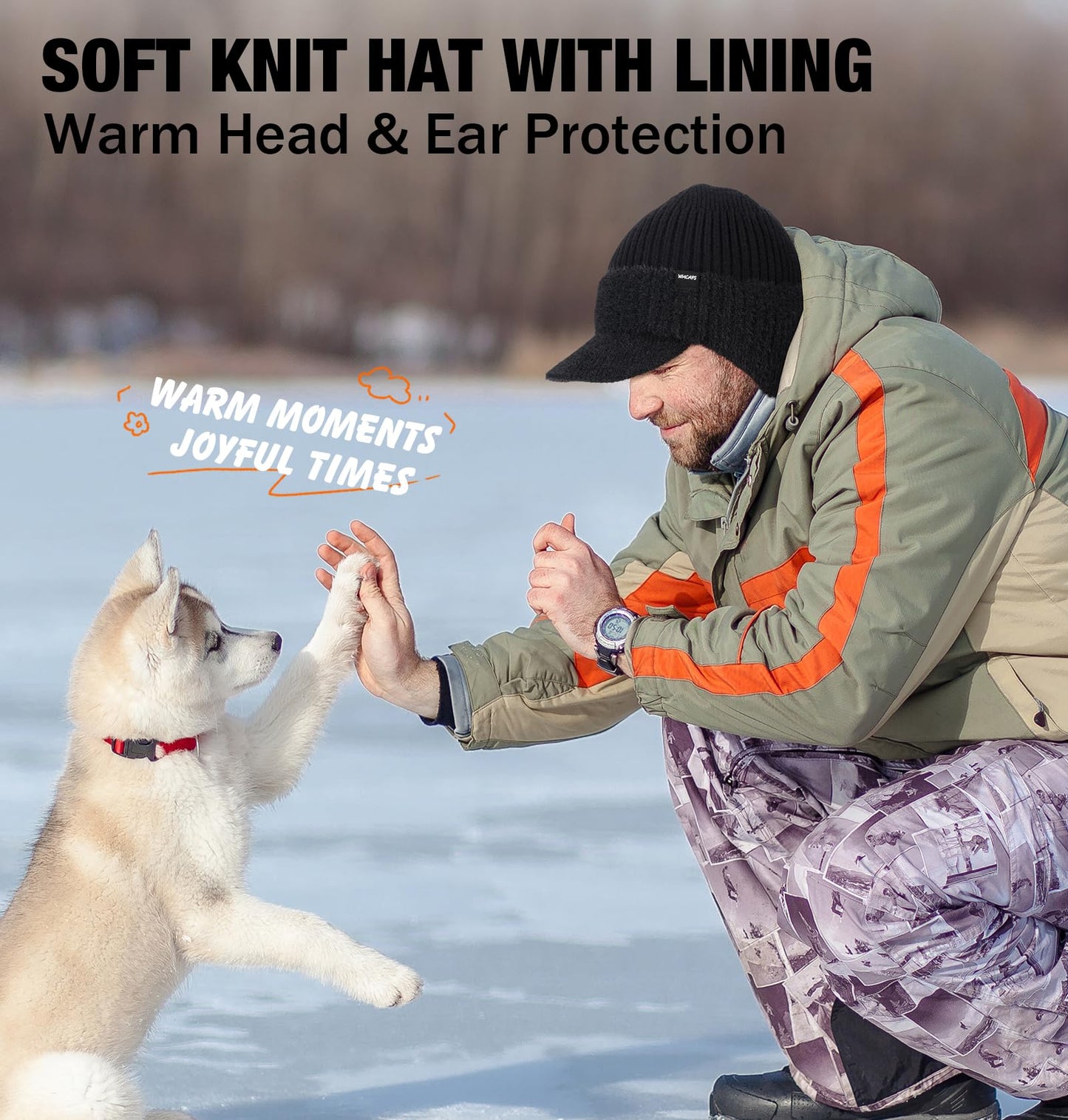 Wmcaps Wintermütze mit Schirm und Ohrenklappen für Herren, dick gefütterte Stirnklappenmütze mit Fleece-Futter, winddichte Kälteschutzmütze für Outdoor-Aktivitäten 