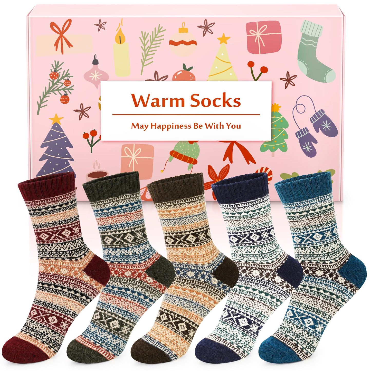 Airabc 5 Paar Damen-Thermosocken, warme Wintersocken, farbenfroh, kuschelig und atmungsaktiv 