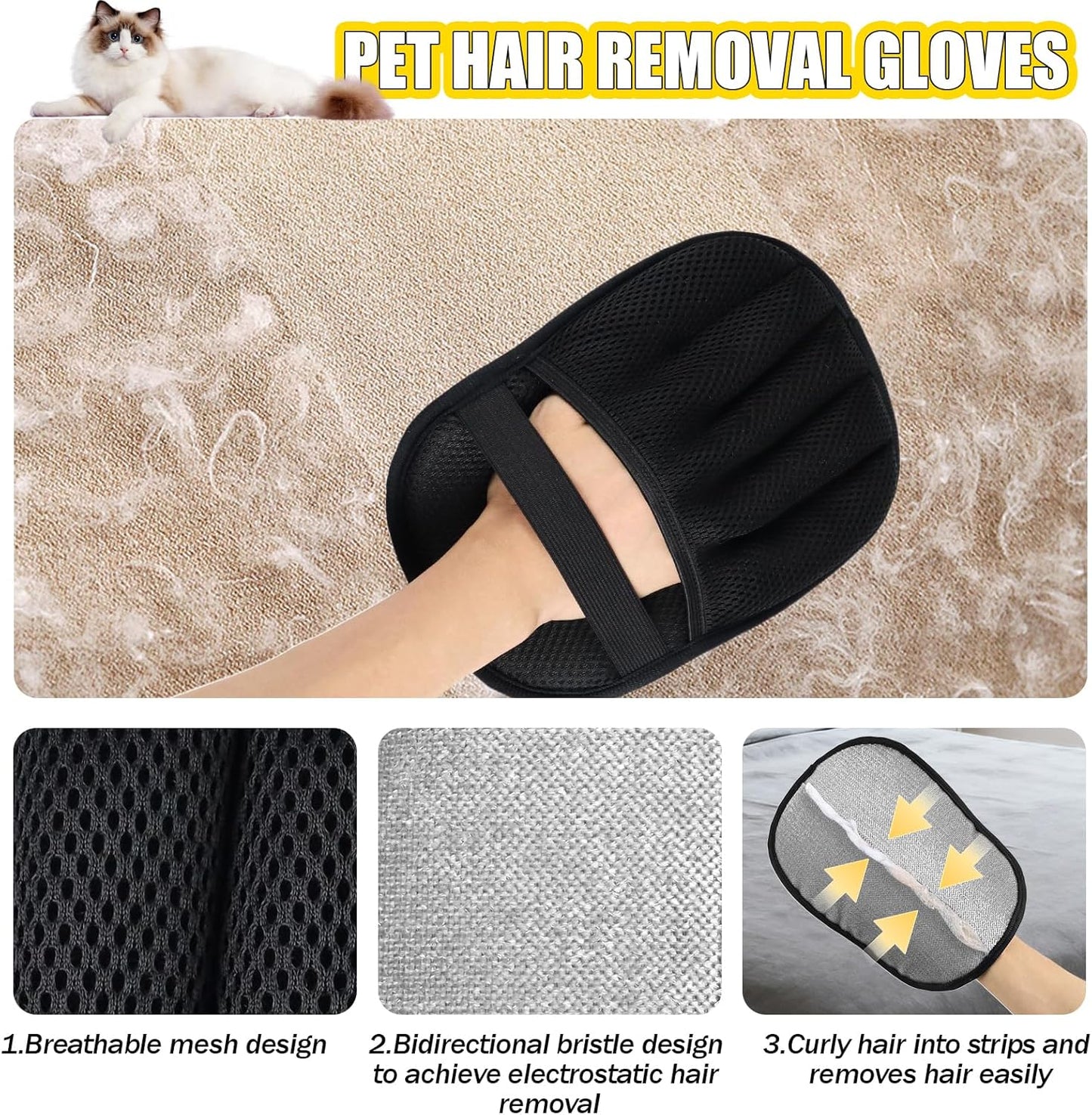 Handschuh, 3 Stück Fell Magnet Handschuh, Haarentfernungshandschuh für Katzen &amp; Hunde 