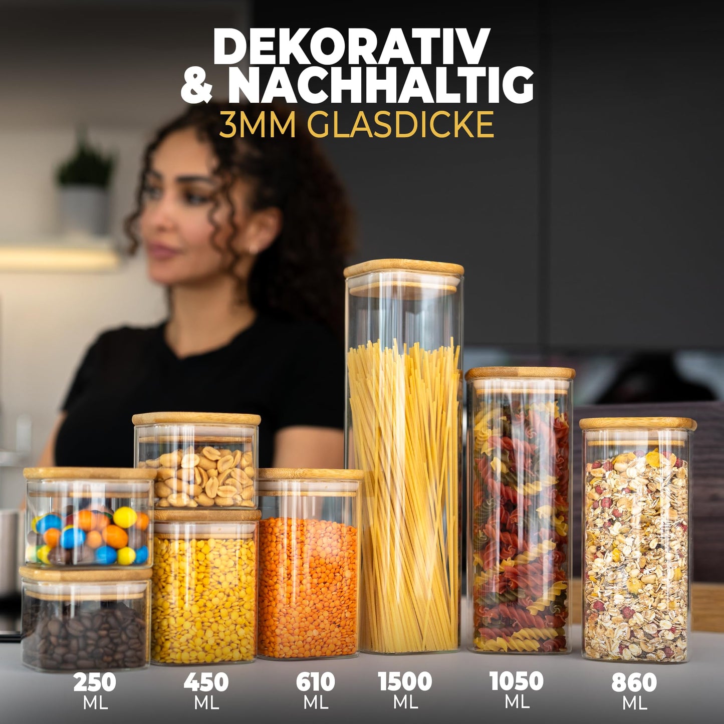 Aufbewahrungsbox Küche für alle Lebensmittel, Küchen Organizer, Vorratsgläser mit Deckel, Eckig - 12er Set, Erhöhte Glasstärke 