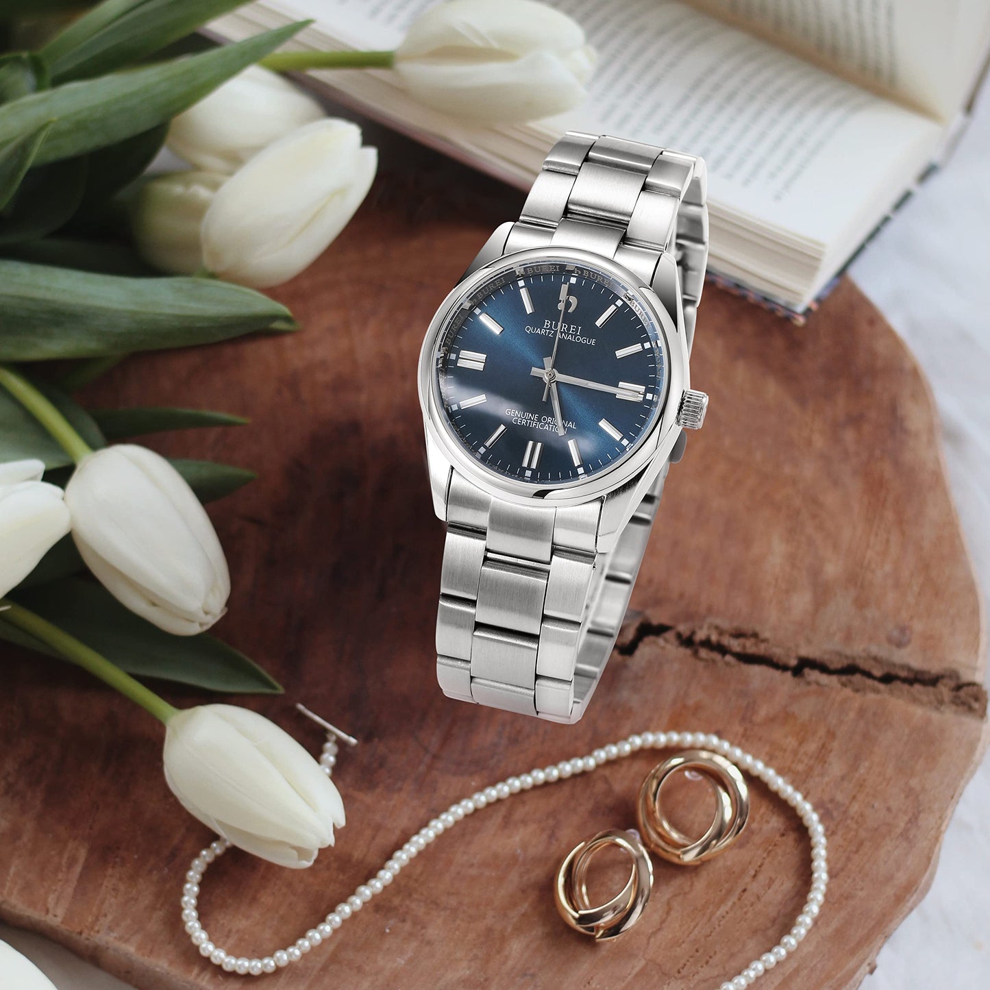 BUREI Women's Fashion Watch Analogue Quartz Steel Women Watch Business Dress