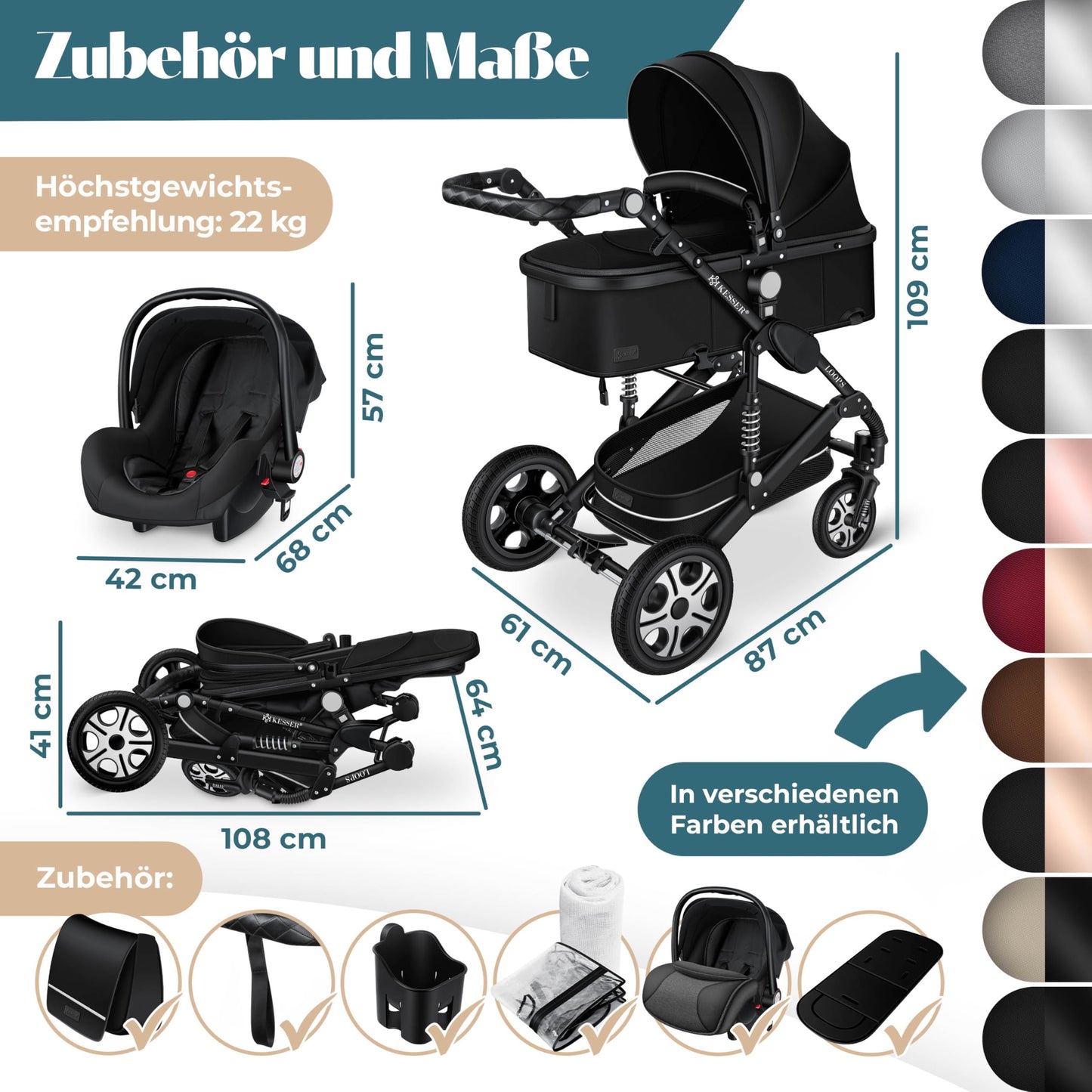 Kesser® Loops 3-in-1 Kombi-Kinderwagen, Komplettset inklusive Babywanne, Buggy-Sportsitz und Babyschale, Vollgummireifen 