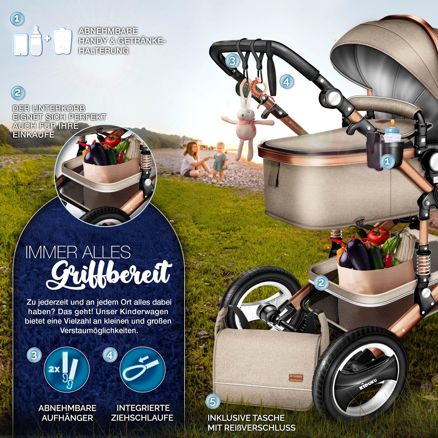 3-in-1 XXL Komplett-Kinderwagenset inkl. Babywanne, Buggy, Sportsitz &amp; Autositz 