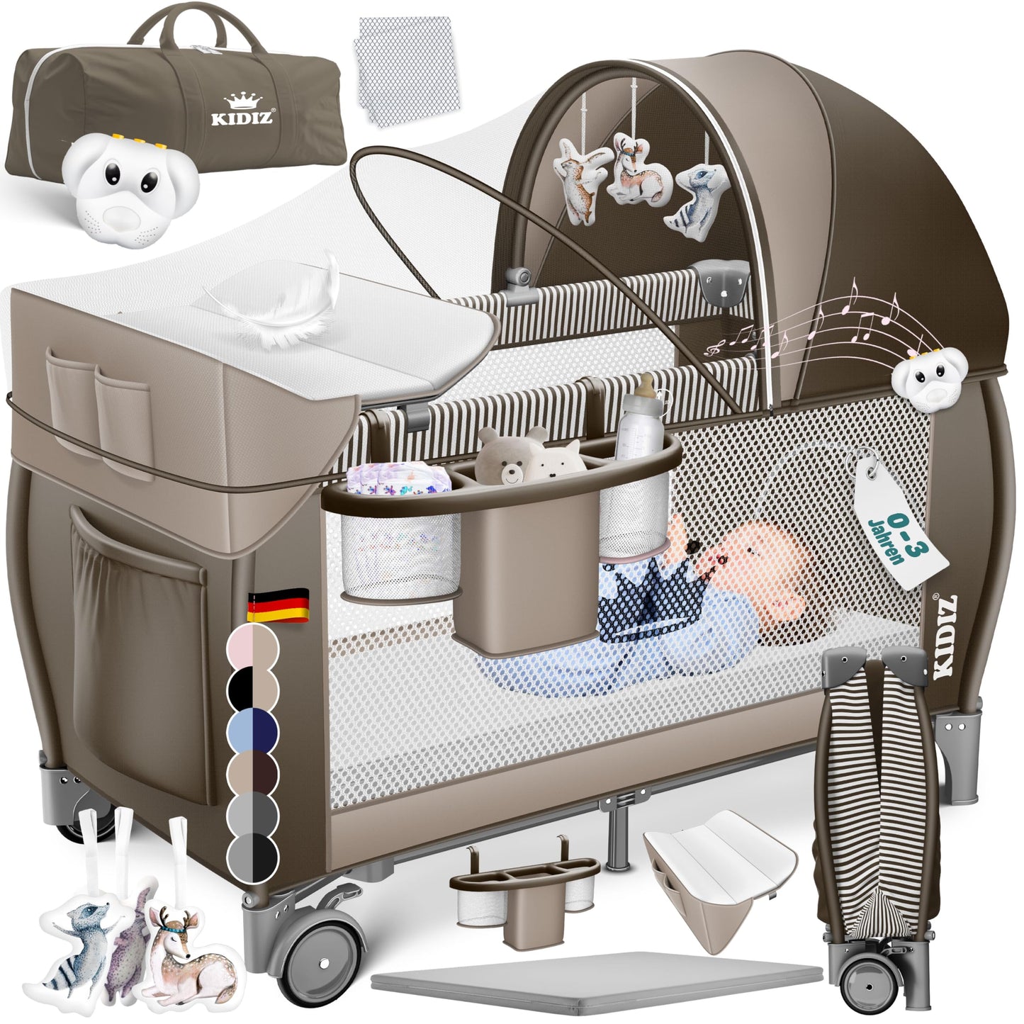 Kidiz Babybett, Reisebett, faltbar mit Matratze und Rollen, 120 x 60 cm, Seiteneingang 