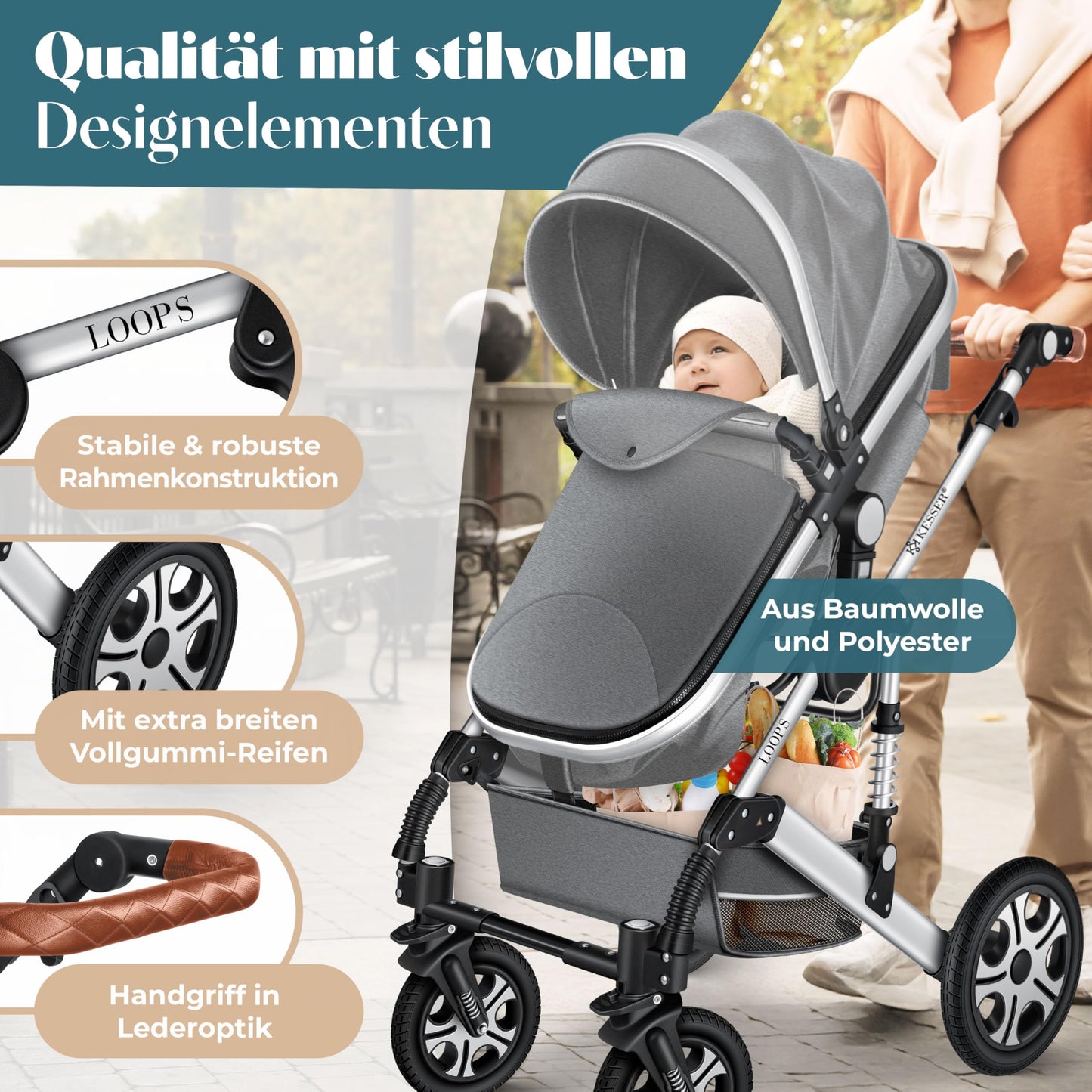 Kesser® Loops 3-in-1 Kombi-Kinderwagen, Komplettset inklusive Babywanne, Buggy-Sportsitz und Babyschale, Vollgummireifen 