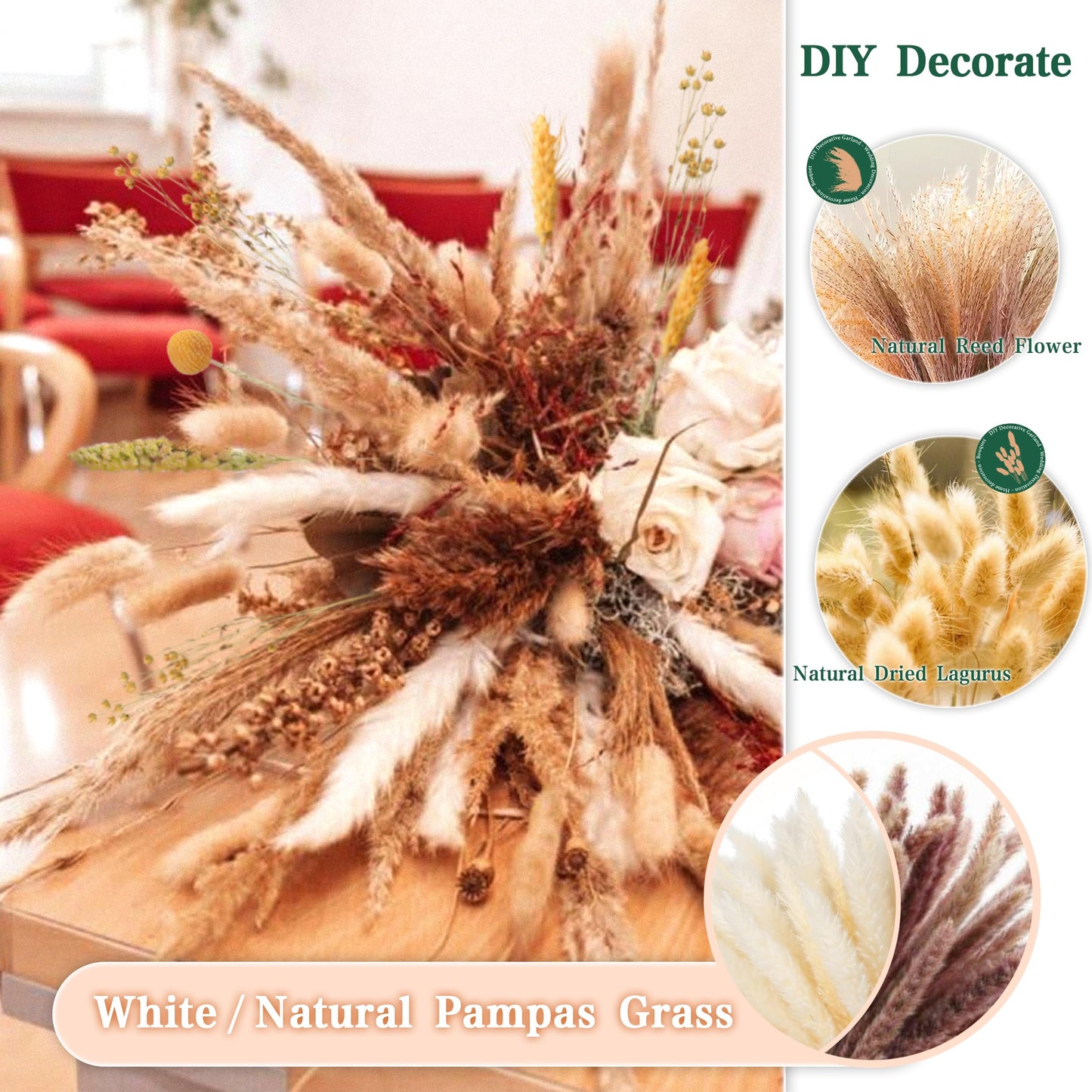 Pampasgras Getrocknet - Natürlich, Braun, Trockenblumen Strauß Dried Flowers, für Heim Decor 