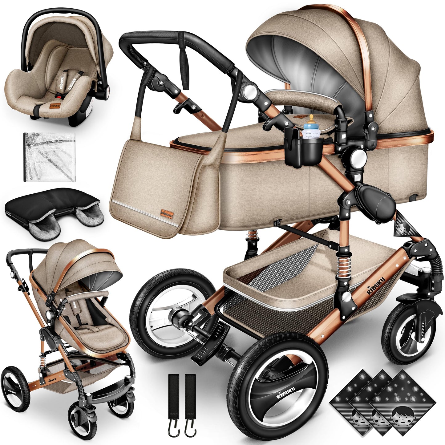 3-in-1 XXL Komplett-Kinderwagenset inkl. Babywanne, Buggy, Sportsitz &amp; Autositz 