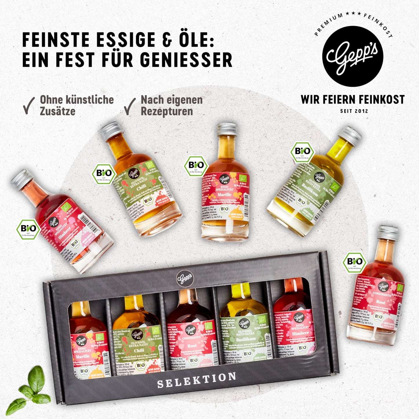Feinkost Öl Geschenkbox „Öl-Clutch“ I Gewürzöl Set mit 5 erlesenen BIO-Ölen 