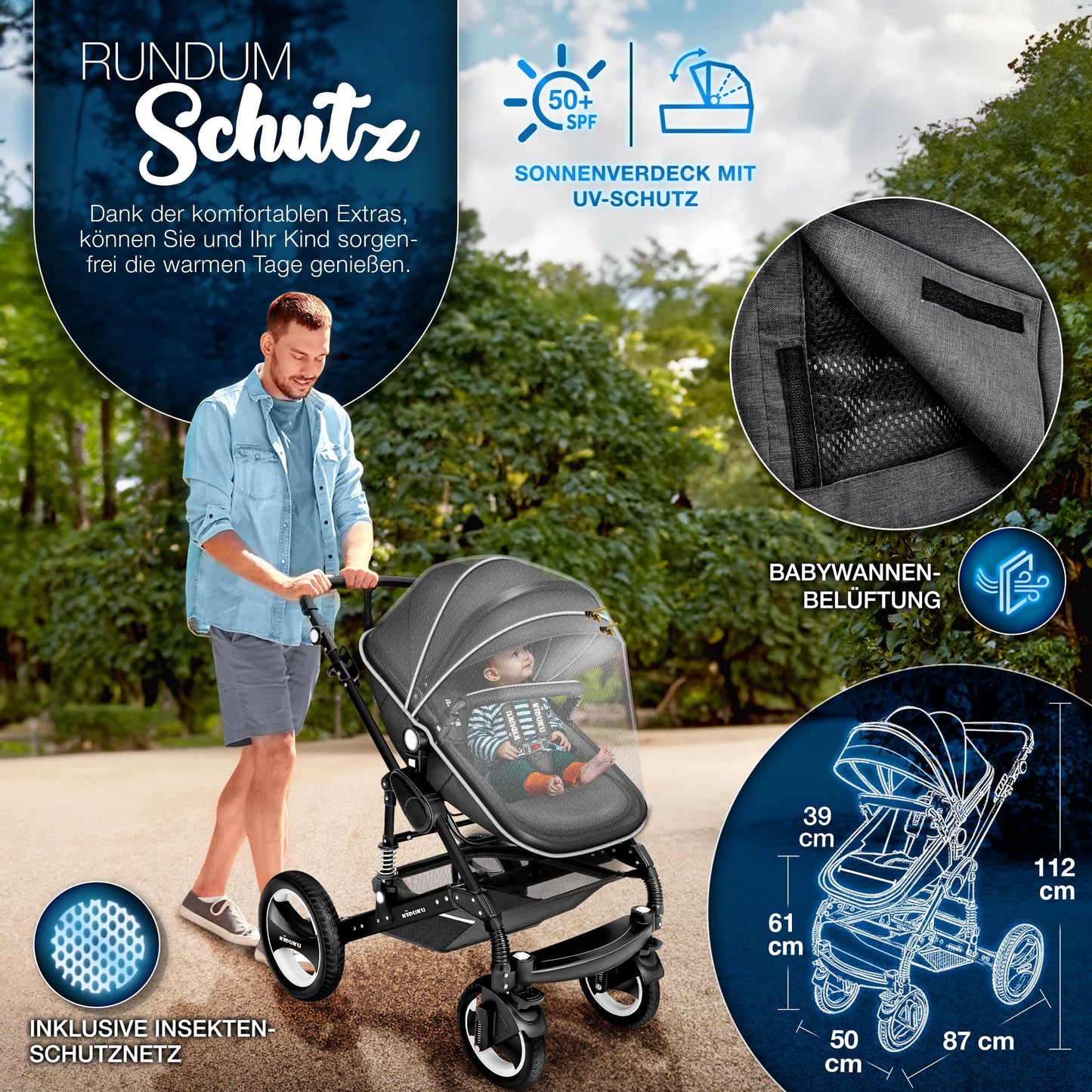 3-in-1 XXL Komplett-Kinderwagenset inkl. Babywanne, Buggy, Sportsitz &amp; Autositz 