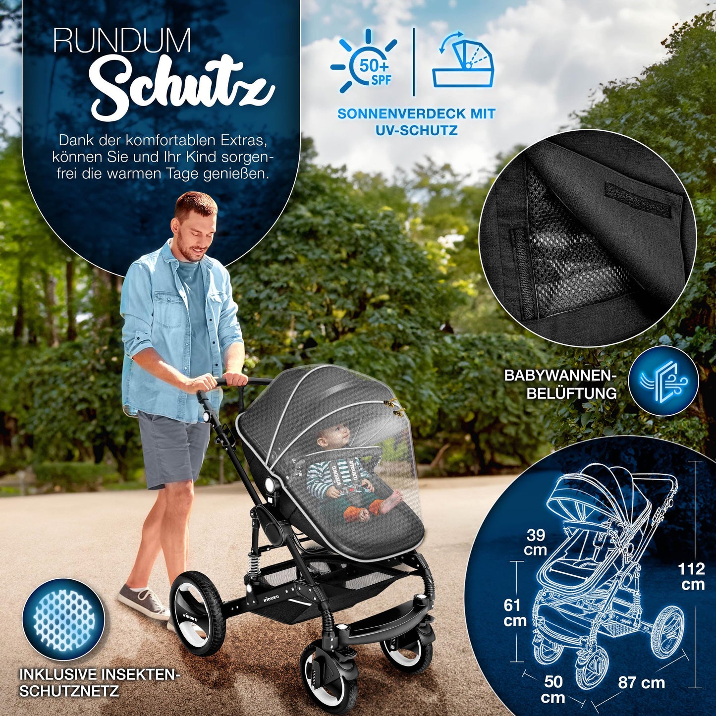 3-in-1 XXL Komplett-Kinderwagenset inkl. Babywanne, Buggy, Sportsitz &amp; Autositz 