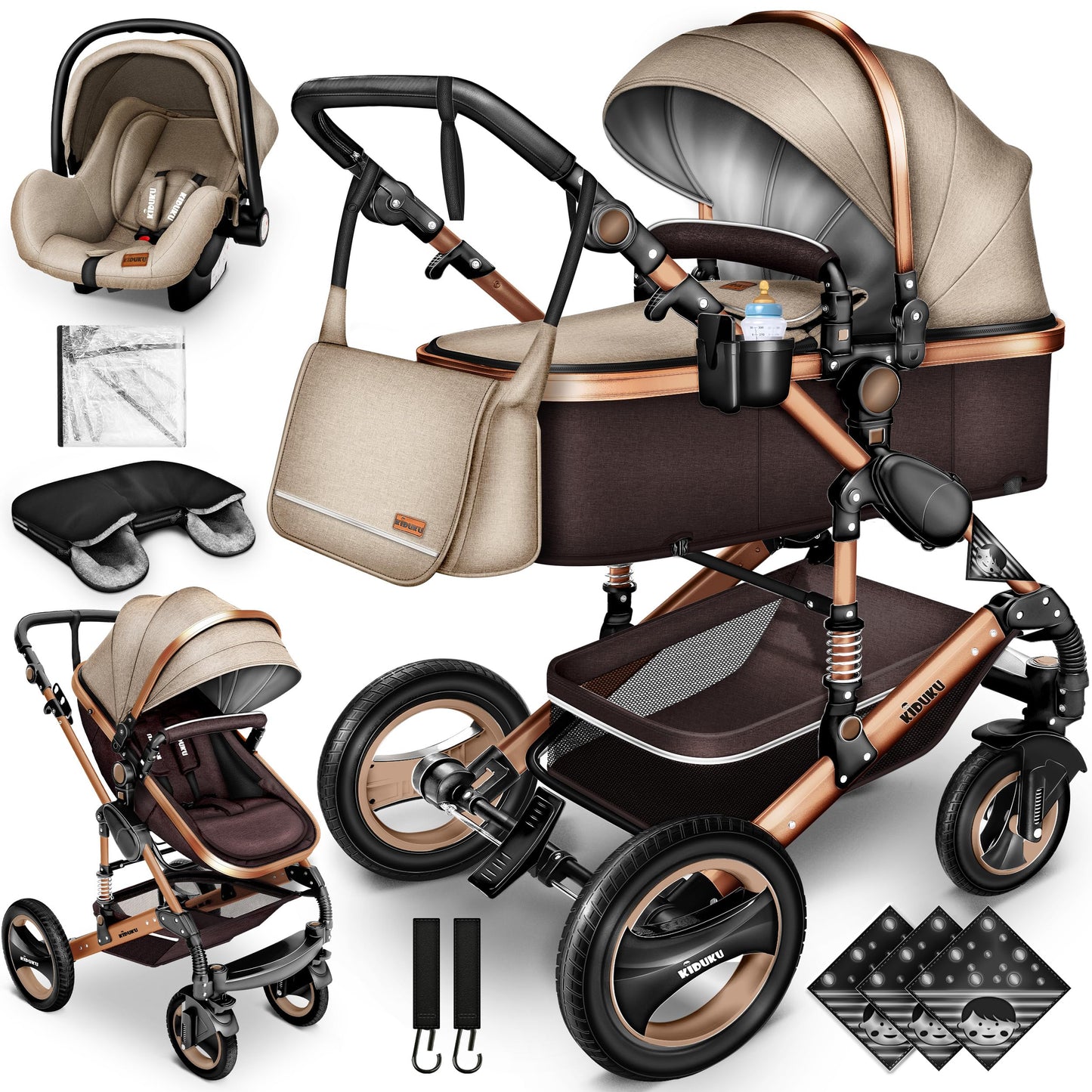 3-in-1 XXL Komplett-Kinderwagenset inkl. Babywanne, Buggy, Sportsitz &amp; Autositz 