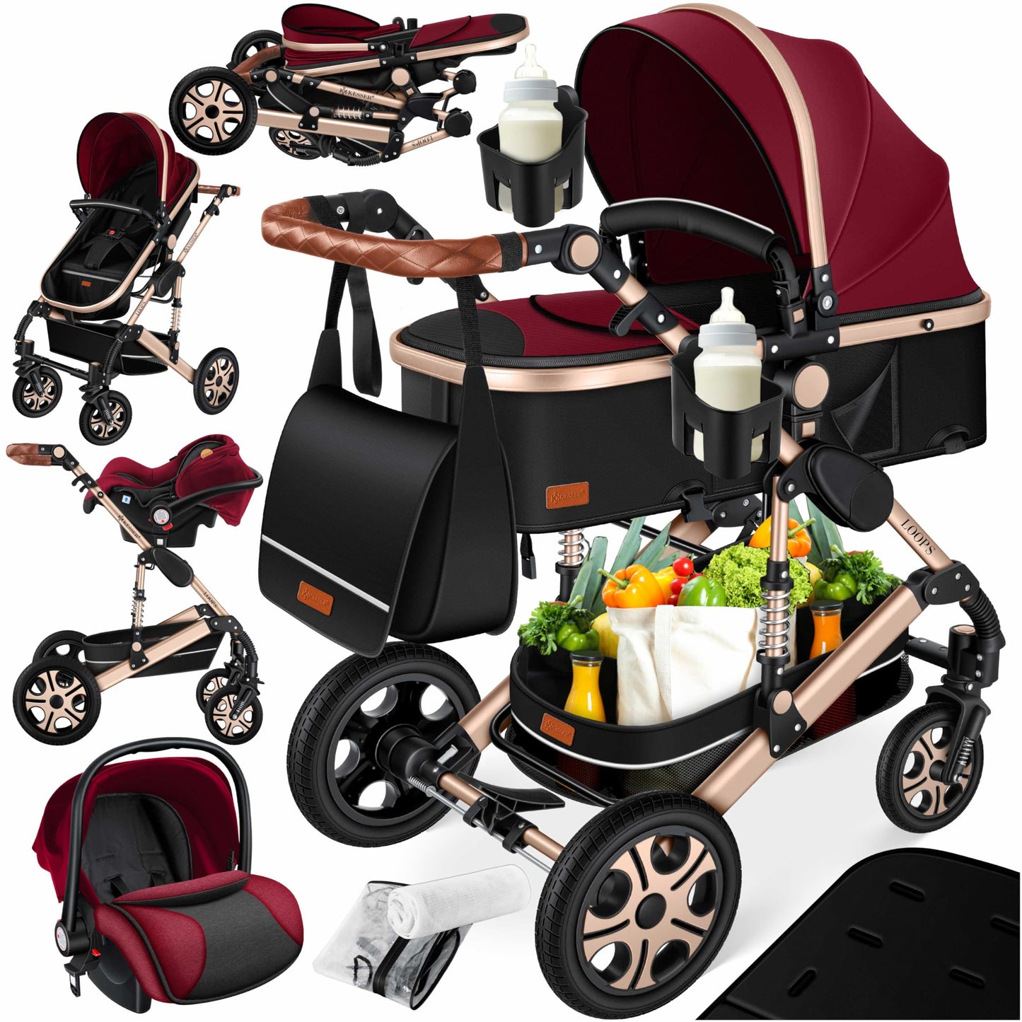 Kesser® Loops 3-in-1 Kombi-Kinderwagen, Komplettset inklusive Babywanne, Buggy-Sportsitz und Babyschale, Vollgummireifen 