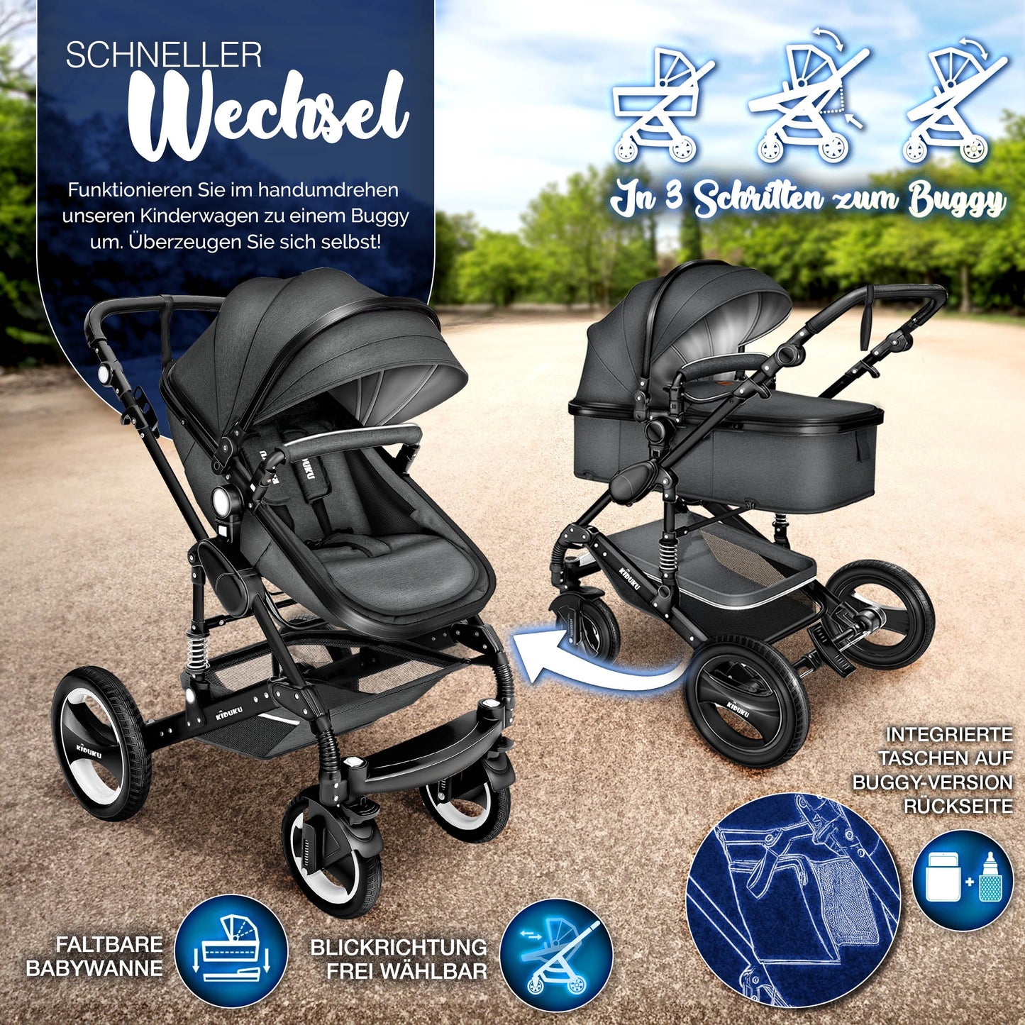 3-in-1 XXL Komplett-Kinderwagenset inkl. Babywanne, Buggy, Sportsitz &amp; Autositz 