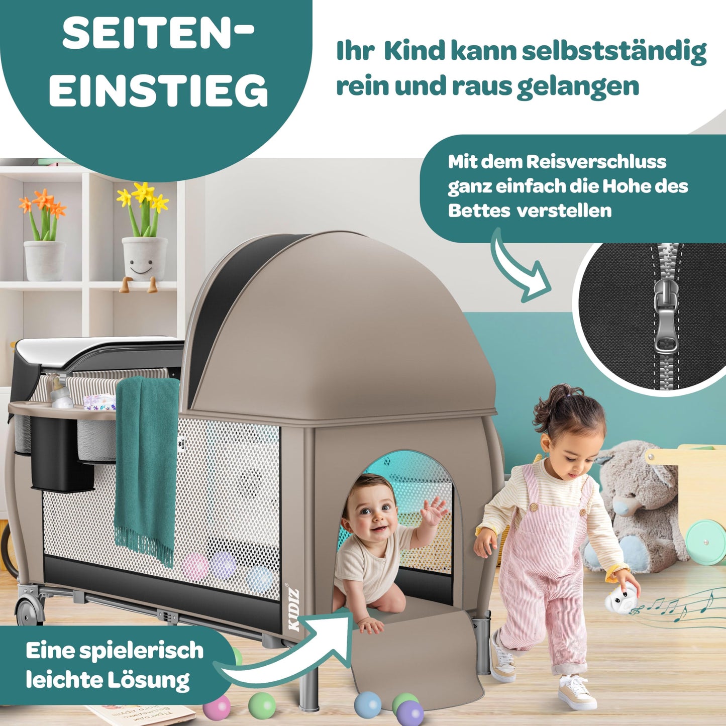 Kidiz Babybett, Reisebett, faltbar mit Matratze und Rollen, 120 x 60 cm, Seiteneingang 