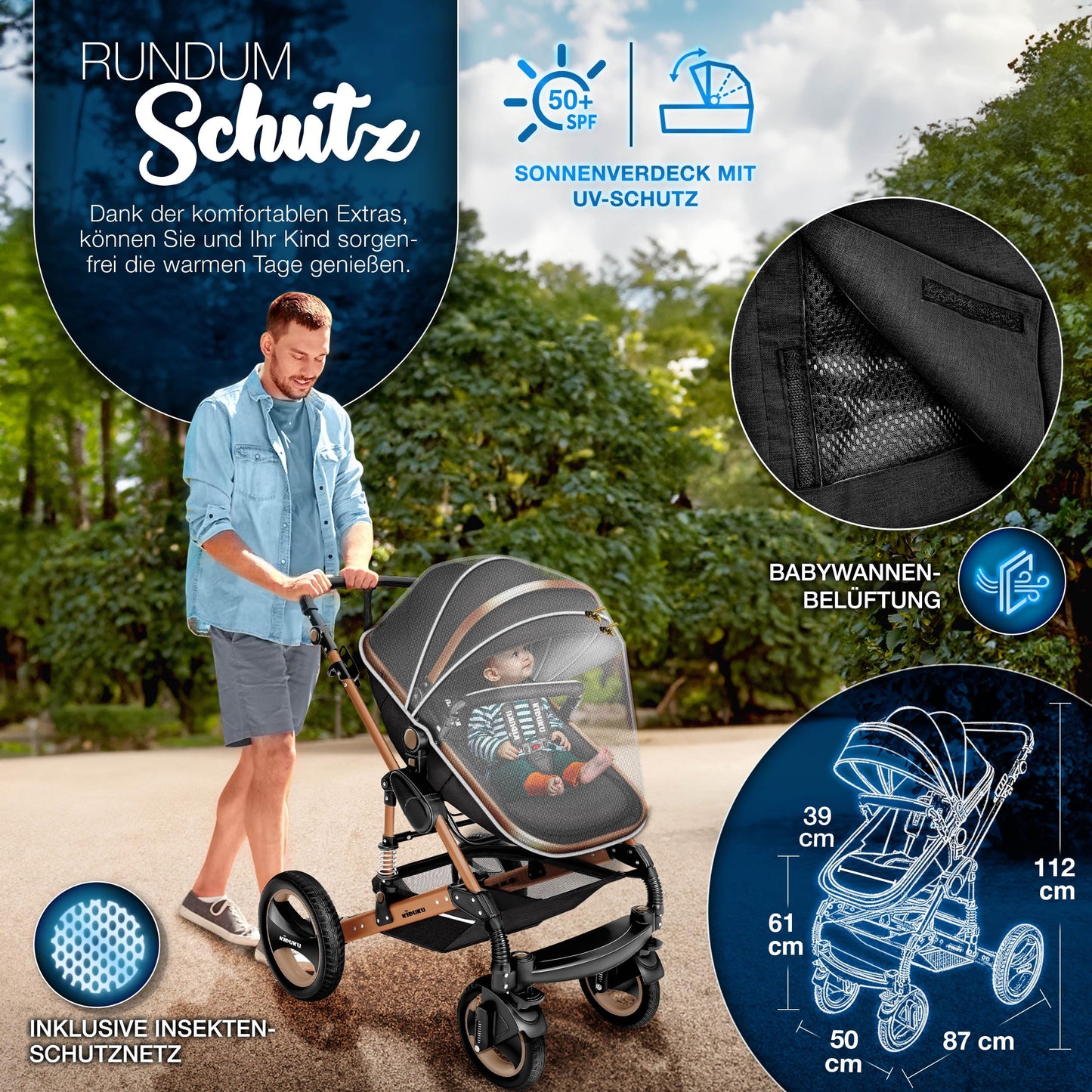 3-in-1 XXL Komplett-Kinderwagenset inkl. Babywanne, Buggy, Sportsitz &amp; Autositz 