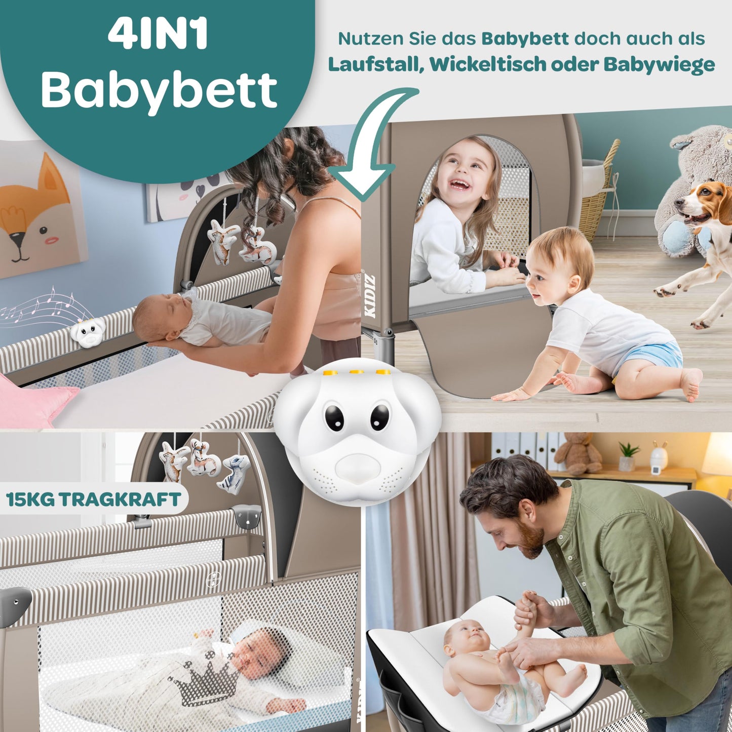 Kidiz Babybett, Reisebett, faltbar mit Matratze und Rollen, 120 x 60 cm, Seiteneingang 