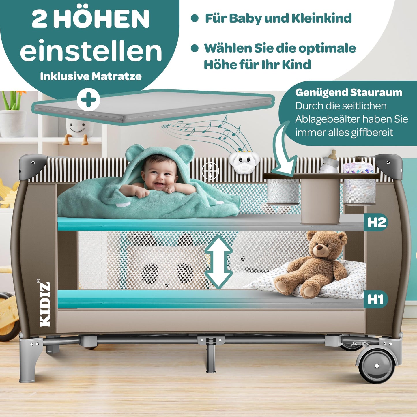 Kidiz Babybett, Reisebett, faltbar mit Matratze und Rollen, 120 x 60 cm, Seiteneingang 