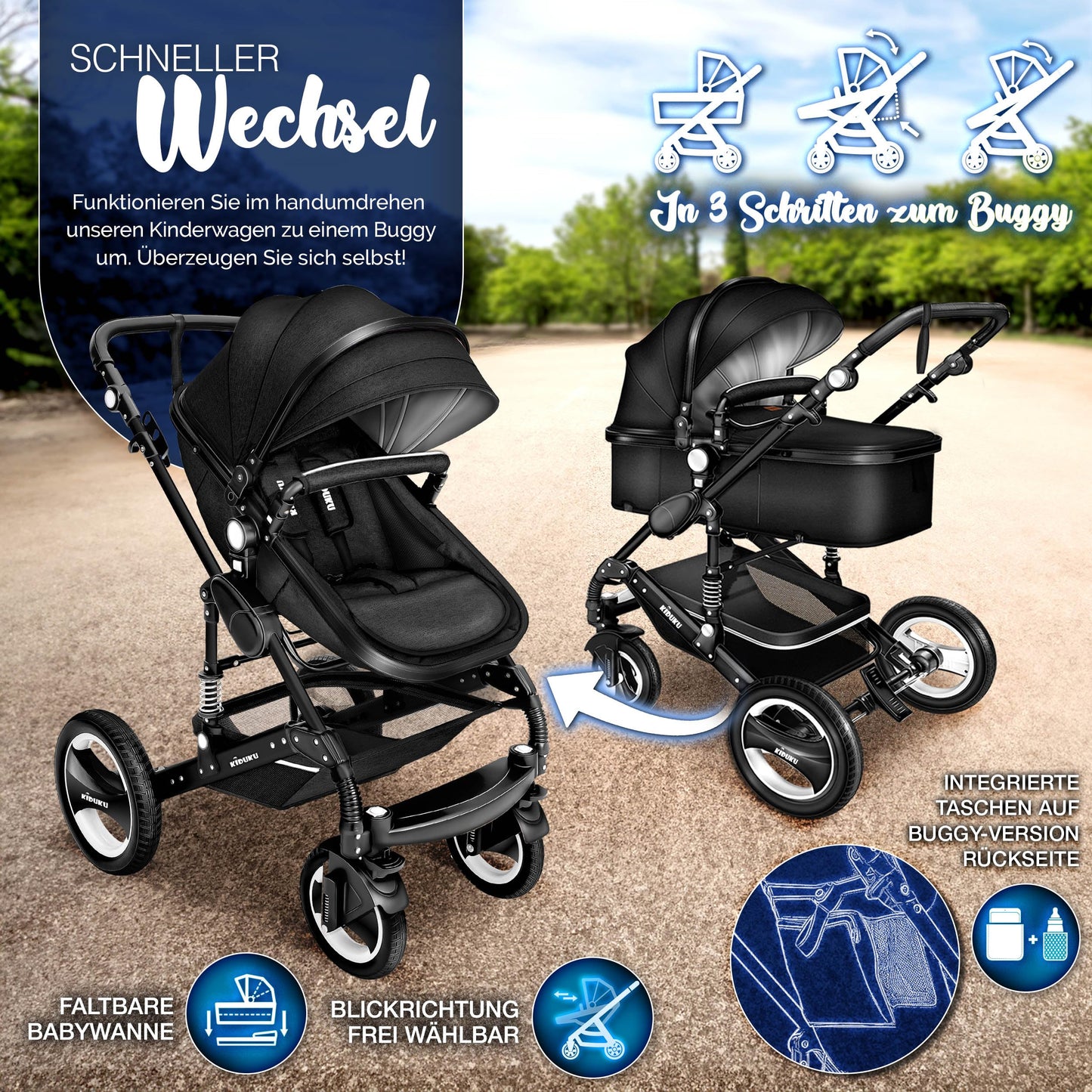 3-in-1 XXL Komplett-Kinderwagenset inkl. Babywanne, Buggy, Sportsitz &amp; Autositz 