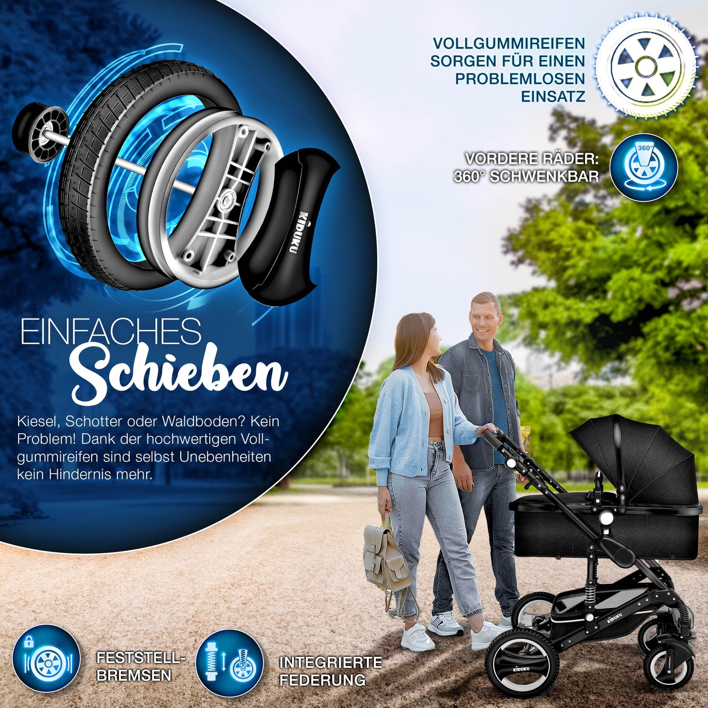 3-in-1 XXL Komplett-Kinderwagenset inkl. Babywanne, Buggy, Sportsitz &amp; Autositz 