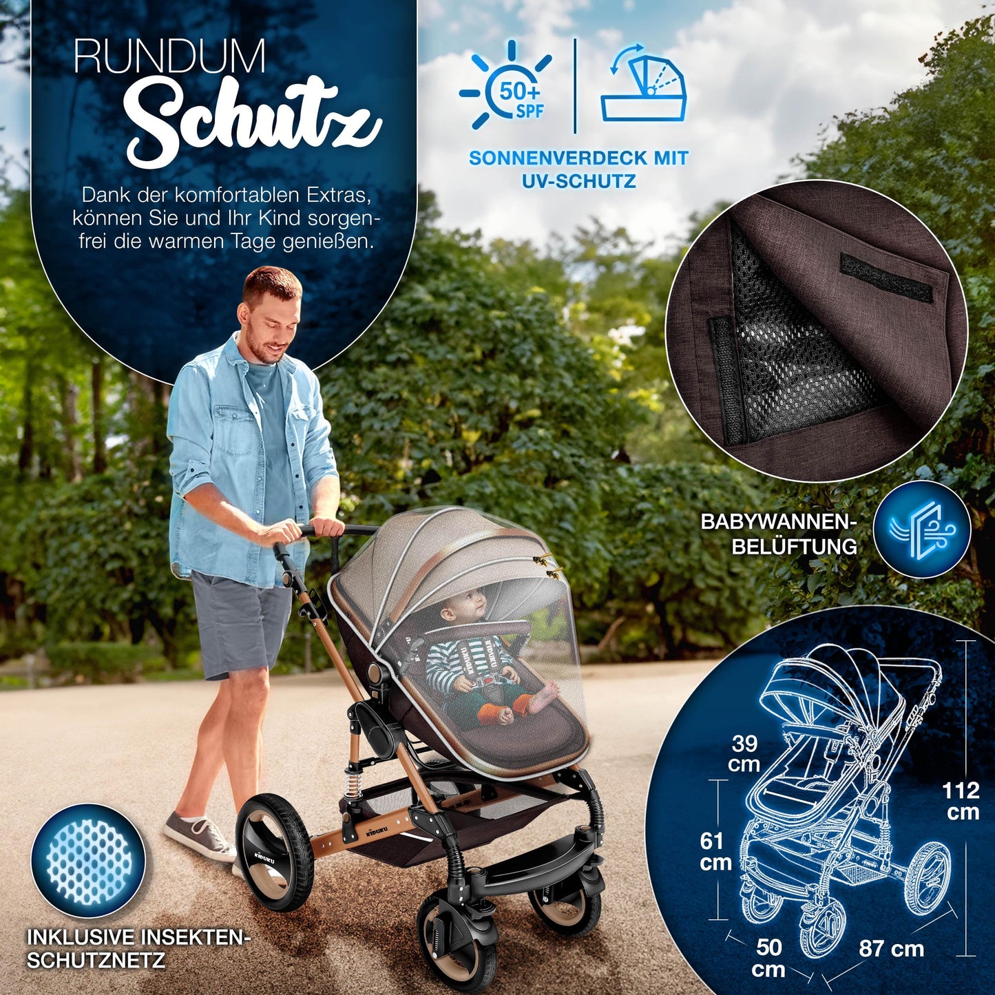 3-in-1 XXL Komplett-Kinderwagenset inkl. Babywanne, Buggy, Sportsitz &amp; Autositz 