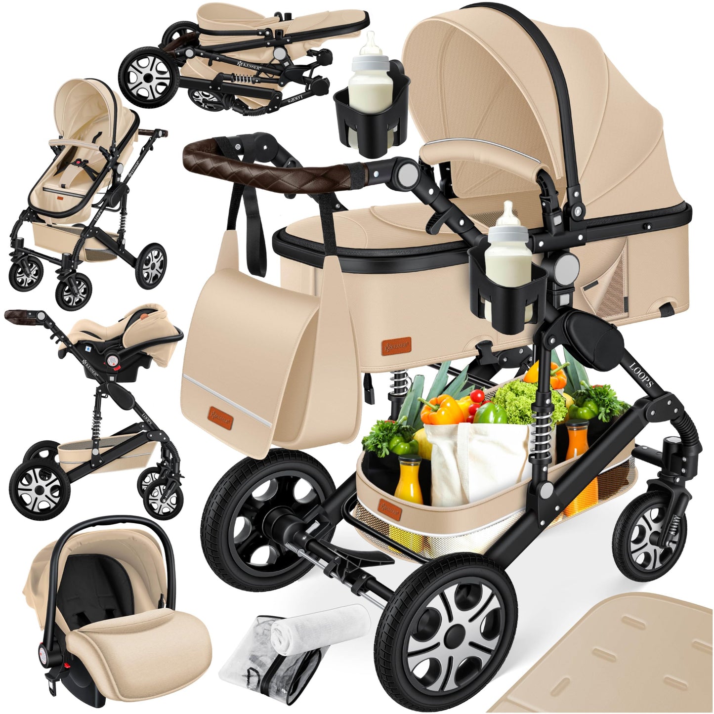 Kesser® Loops 3-in-1 Kombi-Kinderwagen, Komplettset inklusive Babywanne, Buggy-Sportsitz und Babyschale, Vollgummireifen 