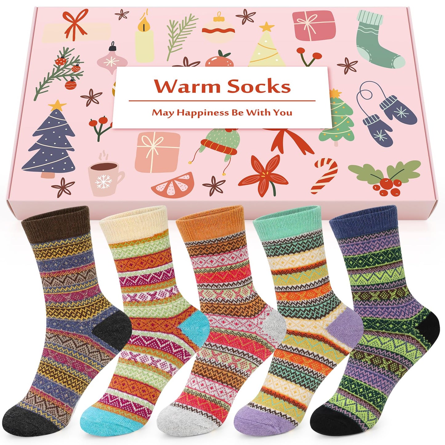 Airabc 5 Paar Damen-Thermosocken, warme Wintersocken, farbenfroh, kuschelig und atmungsaktiv 