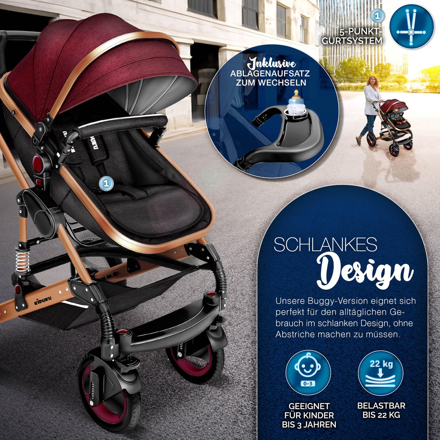 3-in-1 XXL Komplett-Kinderwagenset inkl. Babywanne, Buggy, Sportsitz &amp; Autositz 