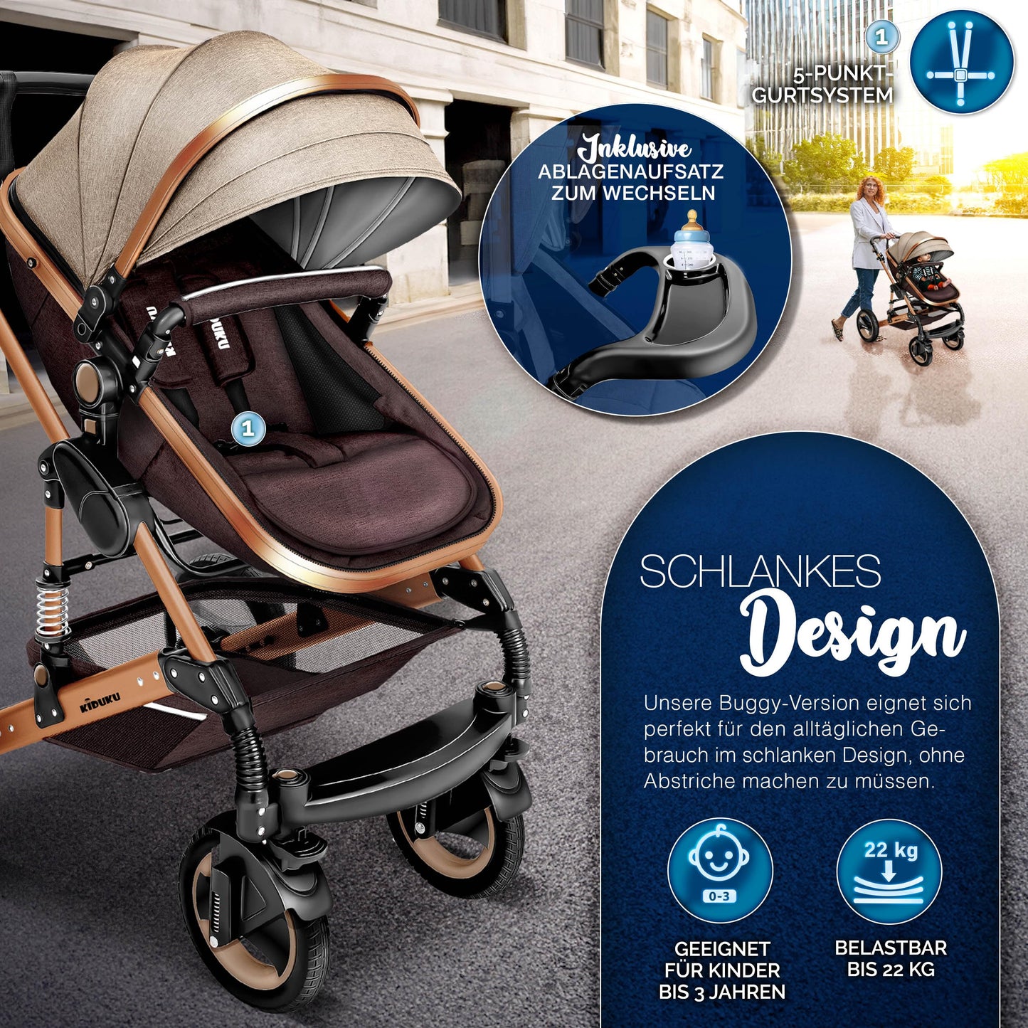 3-in-1 XXL Komplett-Kinderwagenset inkl. Babywanne, Buggy, Sportsitz &amp; Autositz 