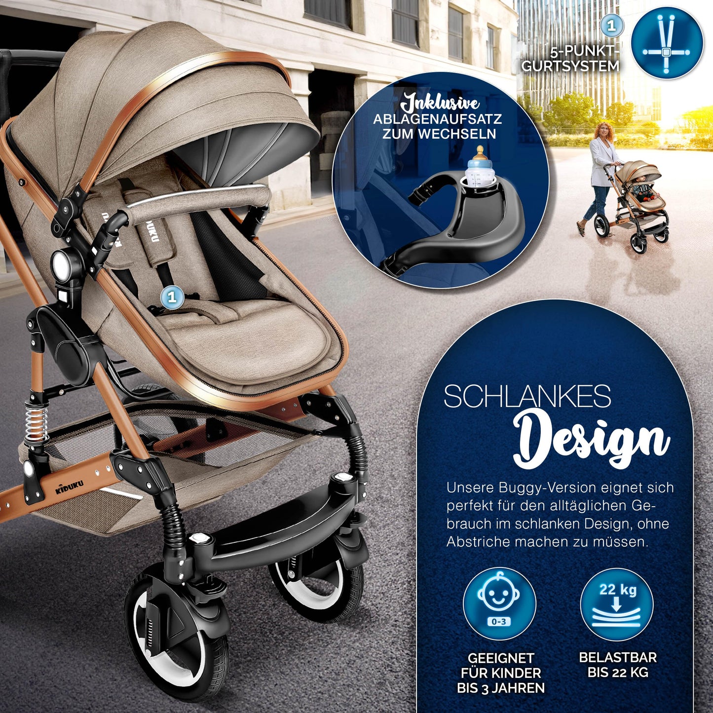 3-in-1 XXL Komplett-Kinderwagenset inkl. Babywanne, Buggy, Sportsitz &amp; Autositz 
