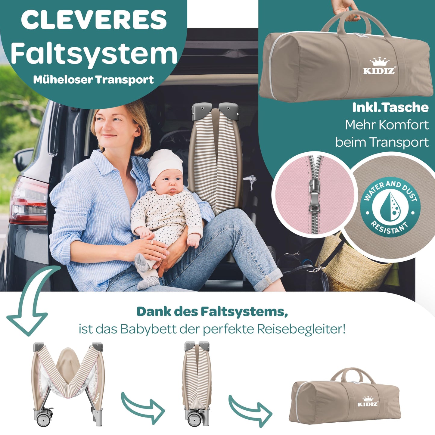 Kidiz Babybett, Reisebett, faltbar mit Matratze und Rollen, 120 x 60 cm, Seiteneingang 