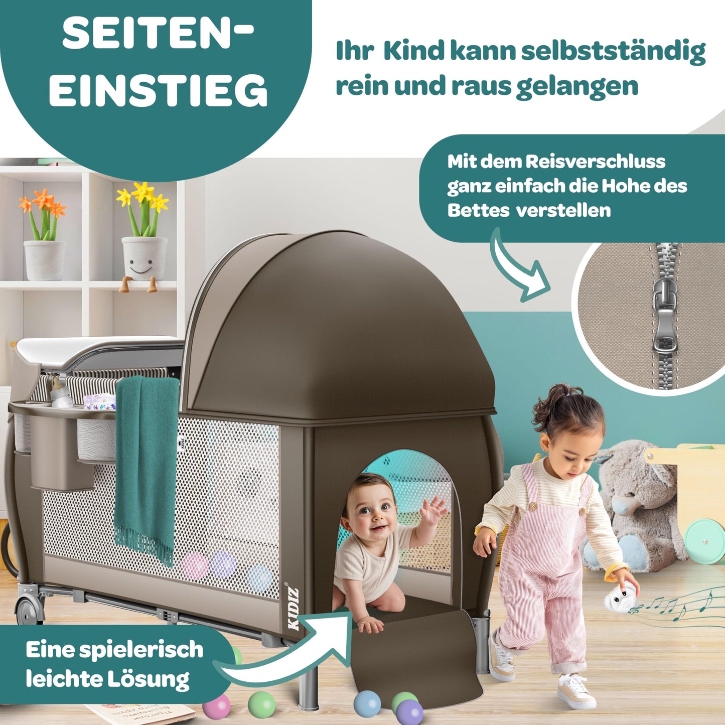 Kidiz Babybett, Reisebett, faltbar mit Matratze und Rollen, 120 x 60 cm, Seiteneingang 