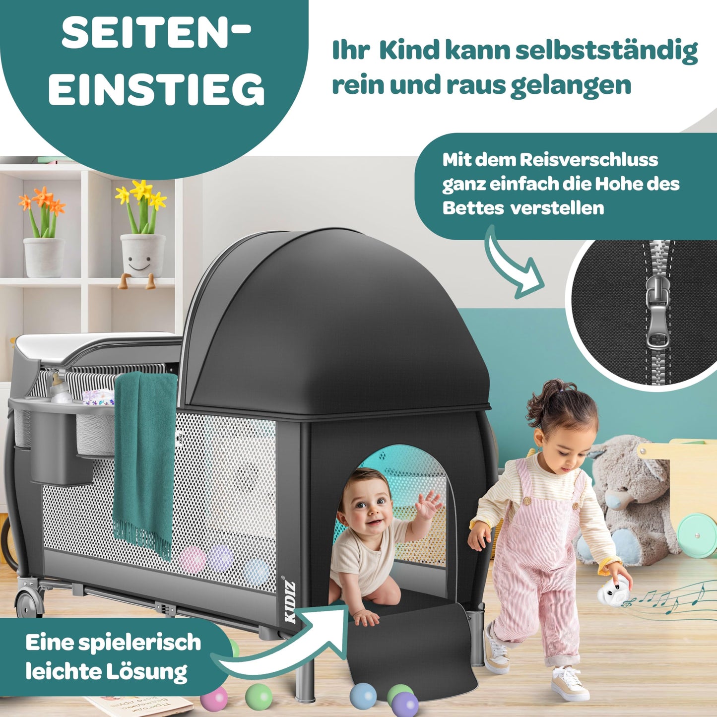 Kidiz Babybett, Reisebett, faltbar mit Matratze und Rollen, 120 x 60 cm, Seiteneingang 