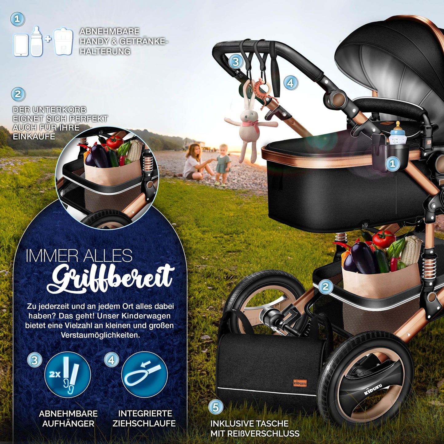 3-in-1 XXL Komplett-Kinderwagenset inkl. Babywanne, Buggy, Sportsitz &amp; Autositz 