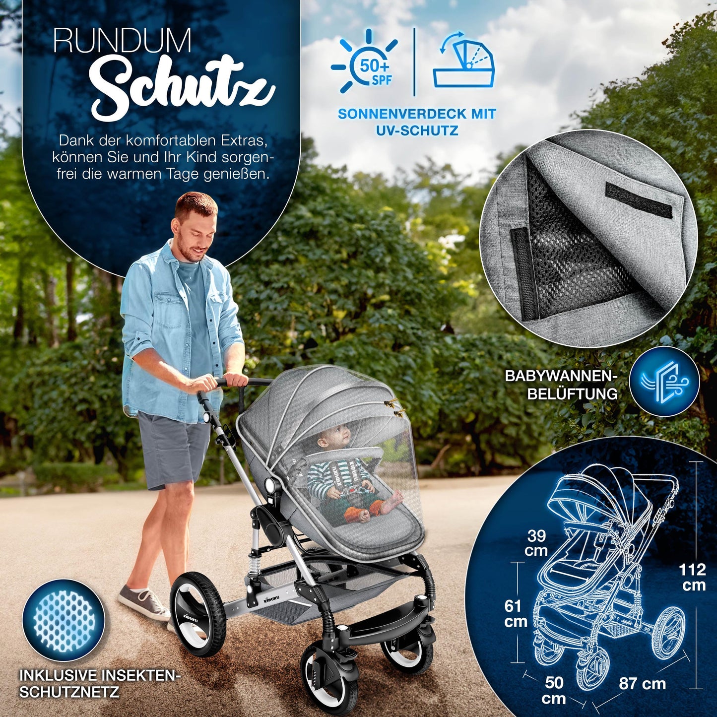 3-in-1 XXL Komplett-Kinderwagenset inkl. Babywanne, Buggy, Sportsitz &amp; Autositz 