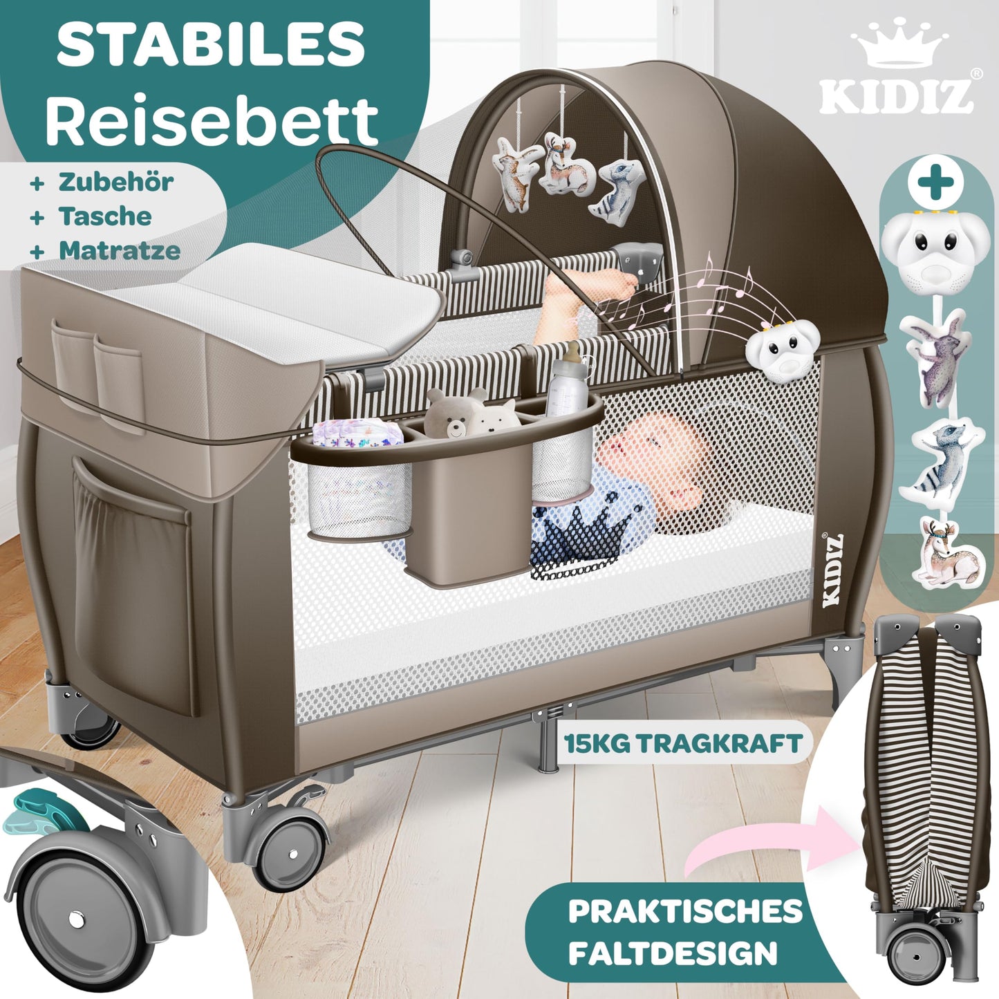 Kidiz Babybett, Reisebett, faltbar mit Matratze und Rollen, 120 x 60 cm, Seiteneingang 