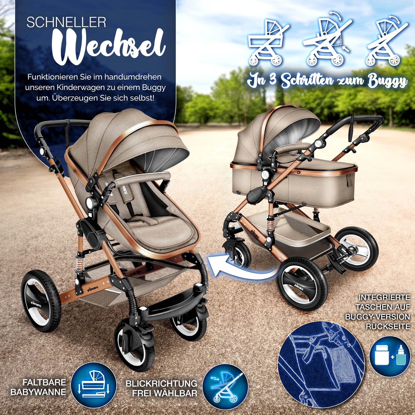 3-in-1 XXL Komplett-Kinderwagenset inkl. Babywanne, Buggy, Sportsitz &amp; Autositz 