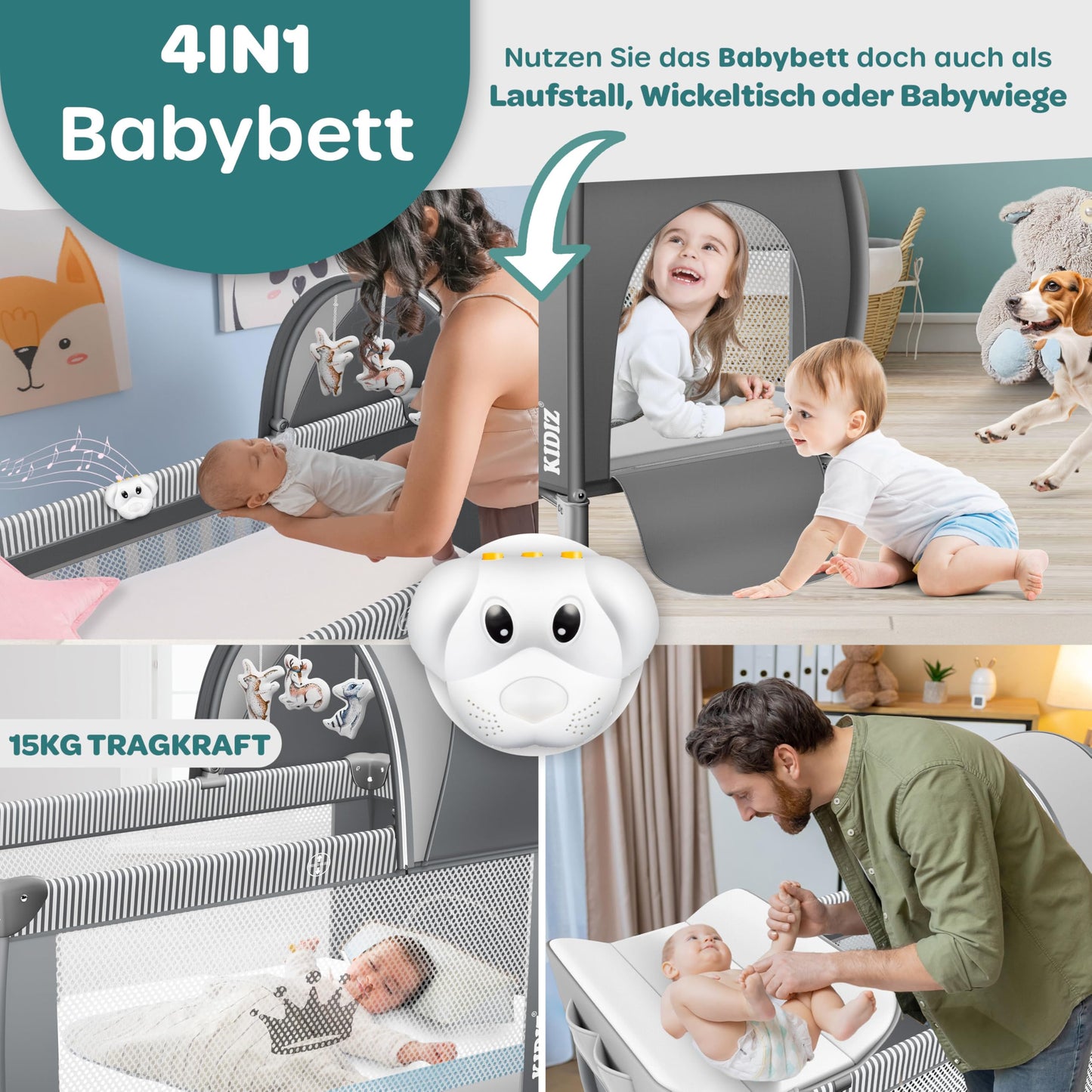 Kidiz Babybett, Reisebett, faltbar mit Matratze und Rollen, 120 x 60 cm, Seiteneingang 