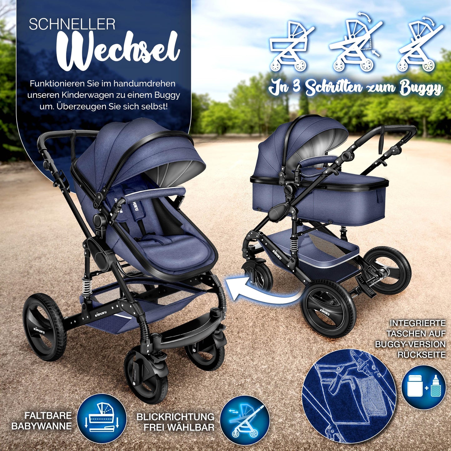 3-in-1 XXL Komplett-Kinderwagenset inkl. Babywanne, Buggy, Sportsitz &amp; Autositz 