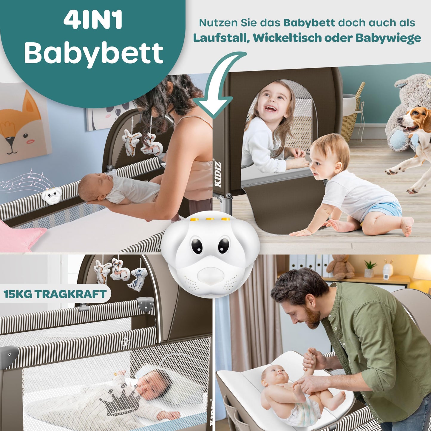 Kidiz Babybett, Reisebett, faltbar mit Matratze und Rollen, 120 x 60 cm, Seiteneingang 