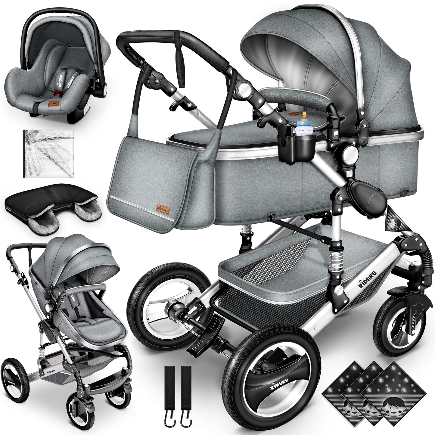 3-in-1 XXL Komplett-Kinderwagenset inkl. Babywanne, Buggy, Sportsitz &amp; Autositz 
